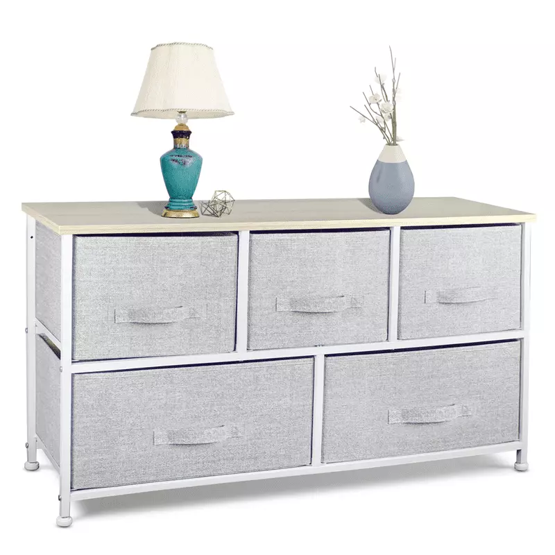 Bigroof 5-Drawer Fabric Dresser Wood Top and Steel Frame