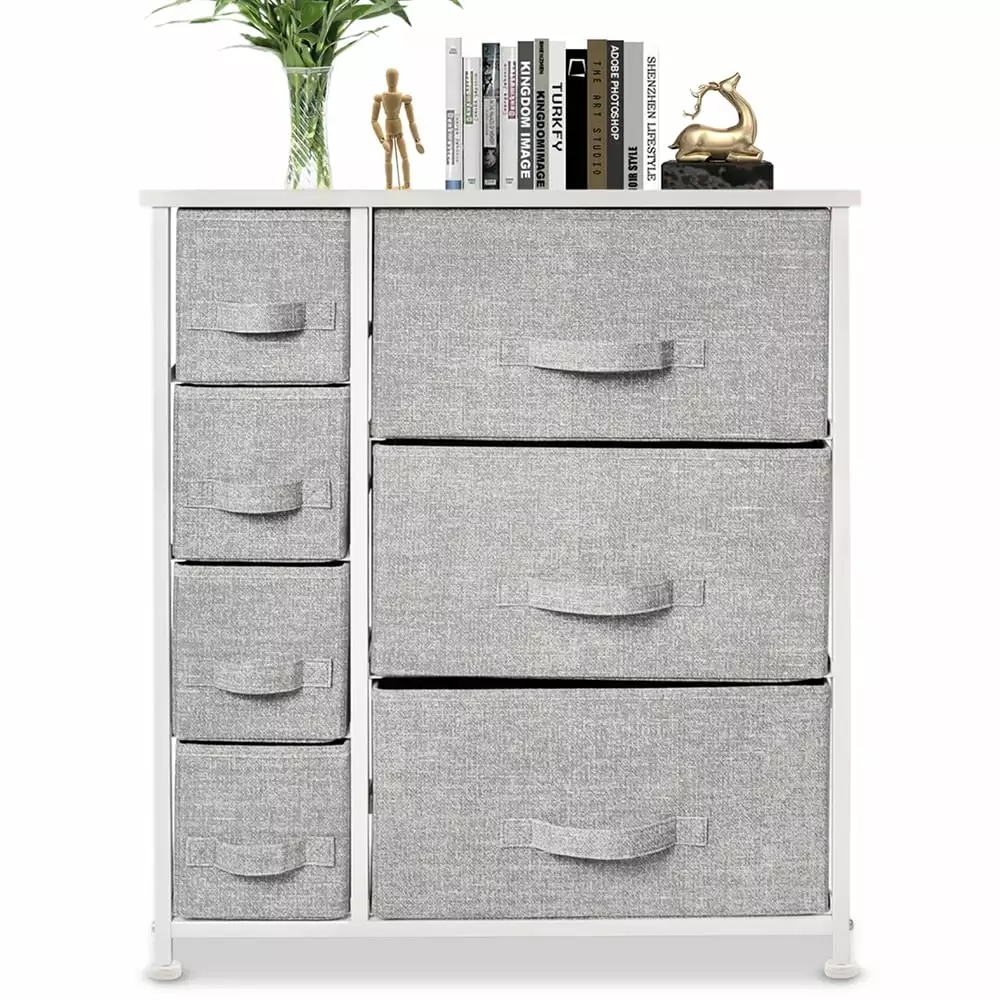 Bigroof 7-Drawer Dresser Bedroom Fabric Bins Steel Frame Wood Top Light Gray Storage Organizer