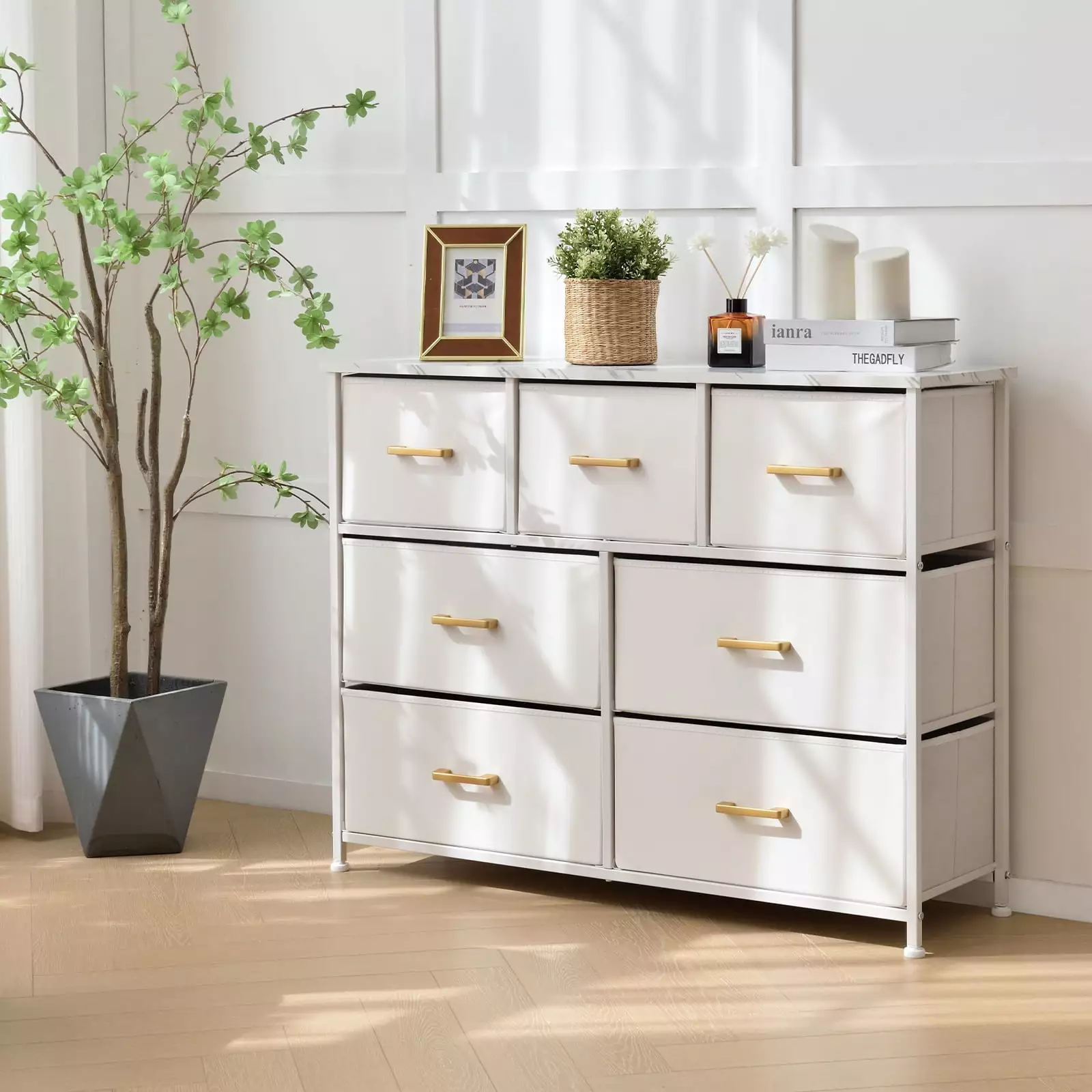 Bigroof 7-Drawer White Dresser Marbled Board and Artificial Leather Kids