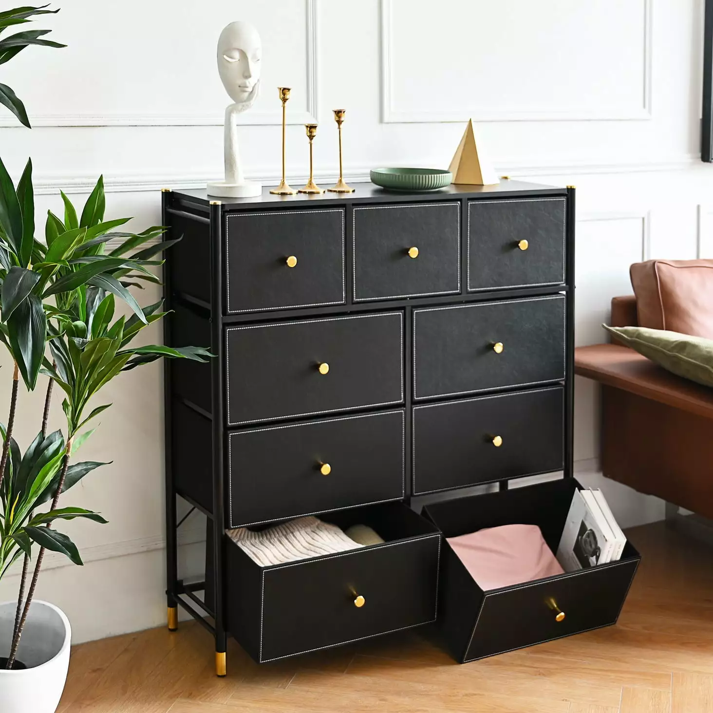 Bigroof 9 Drawer Dresser Bedroom Accent Black Dresser Chest Artificial Leather Storage