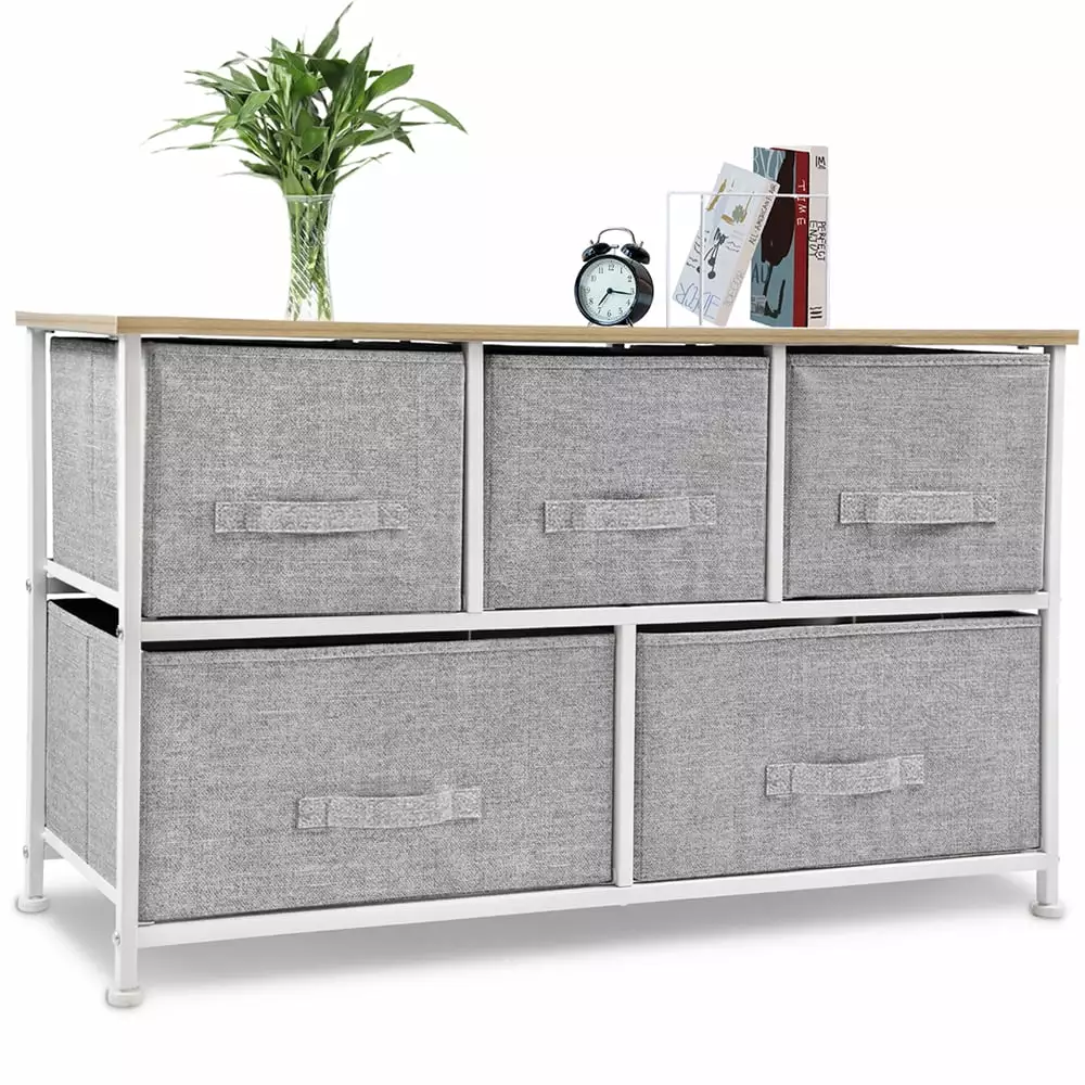 Bigroof Drawer Dresser Storage Tower Steel Frame Fabric Bins Organizer Bedroom Hallway Closets Light Gray 5 Drawers