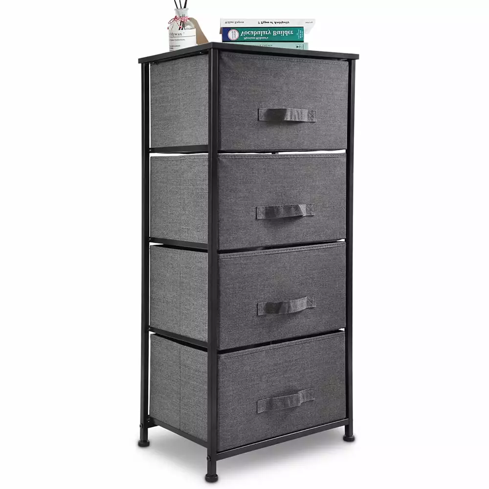 Bigroof 4 Drawer Fabric Dresser Steel Frame and Wood Top Dark Grey
