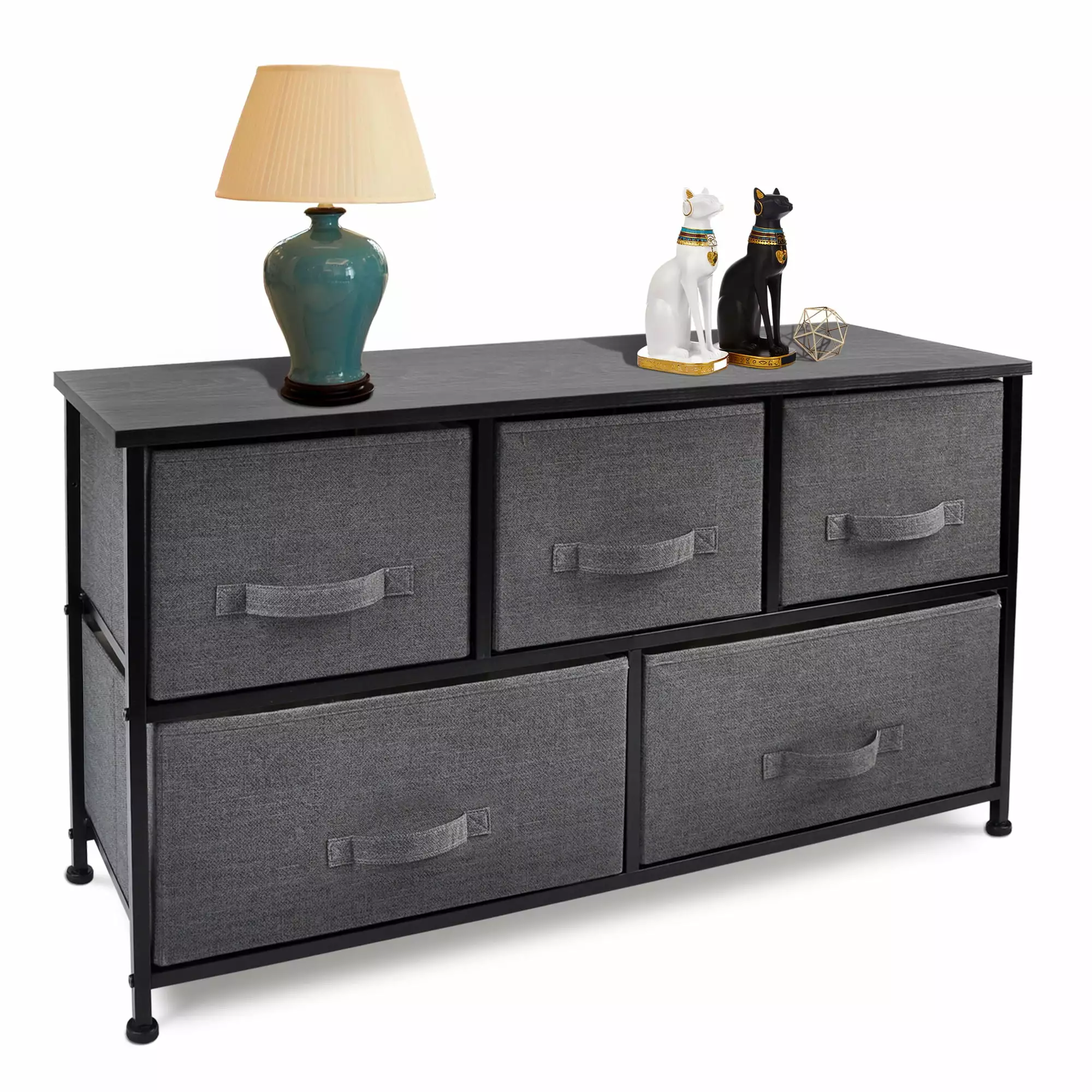 Bigroof Dresser 5 Drawers, Steel Frame Wood Top Fabric Bins Bedroom Bathroom Storage Dark Grey