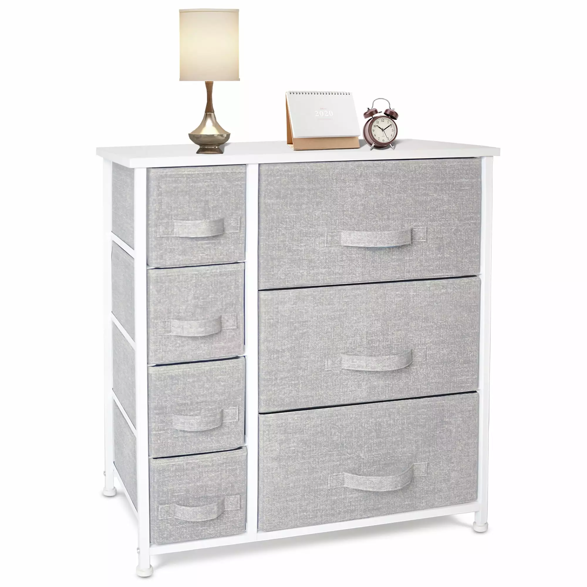Bigroof Dresser 7 Drawers Steel Frame Wood Top Fabric Bins Bedroom Bathroom Storage Light Gray