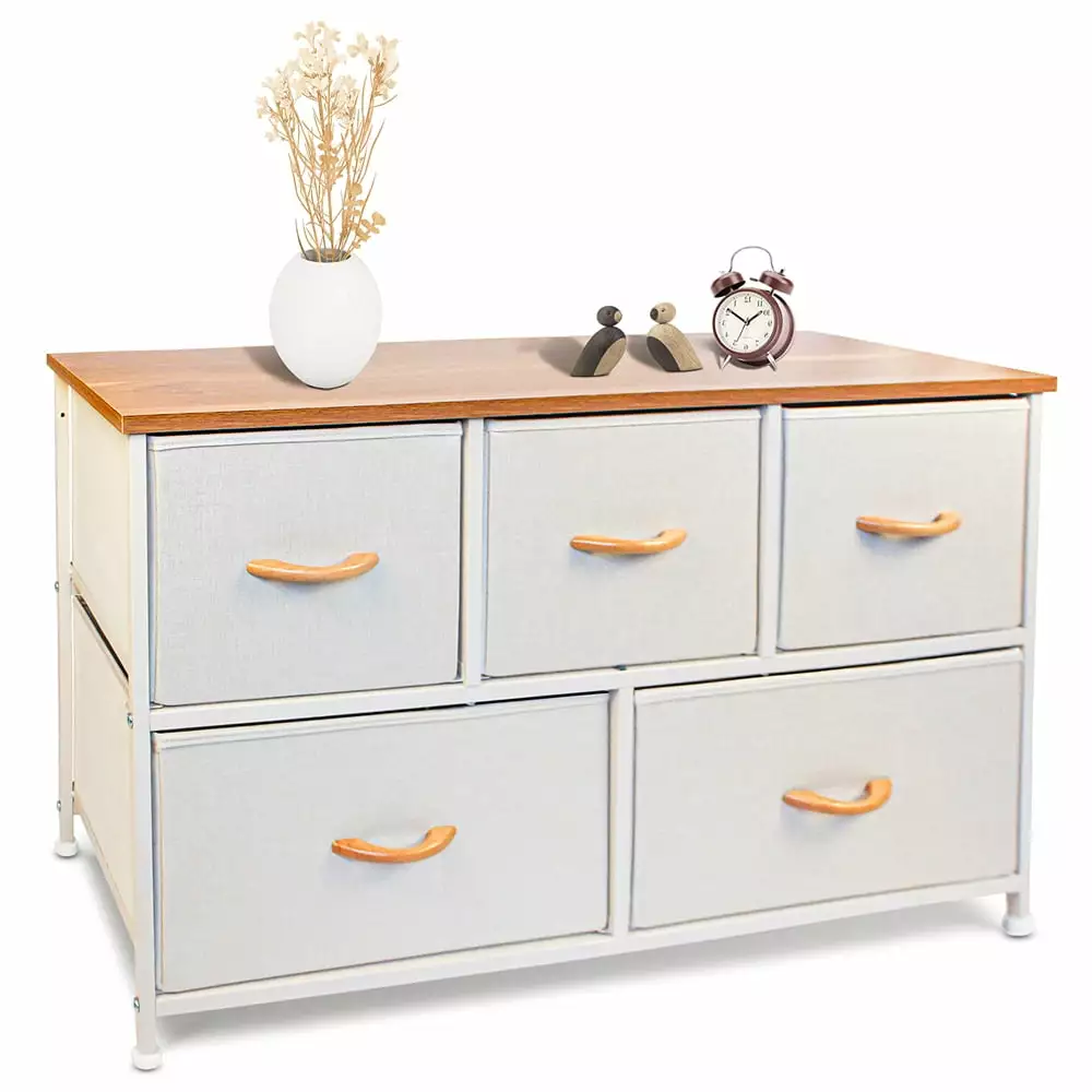 Bigroof Fabric Dresser 5 Drawers - Storage Tower Bedroom, Living Room, Closets - Beige