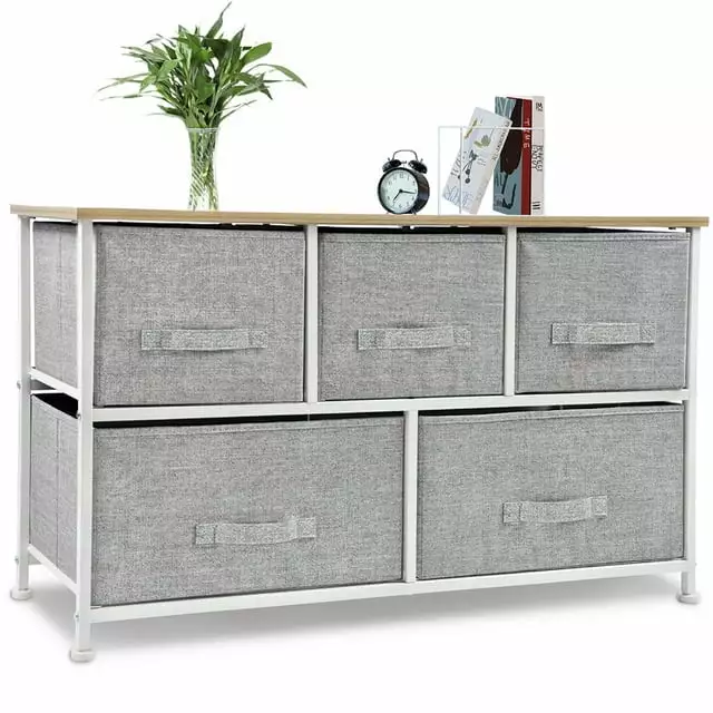 Bigroof Gray Dresser Bedroom 5 Drawers - Modern Wooden Top Steel Frame Storage Chest Kids Room Closet