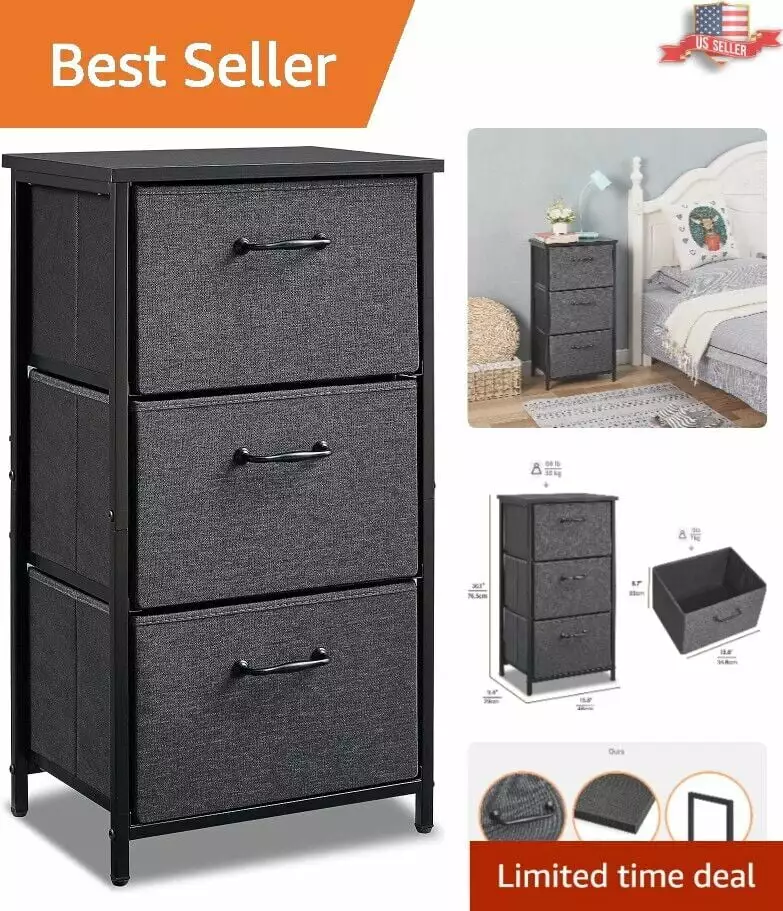 3-Drawer Storage Dresser Easy Assembly Steel Frame Wood Top Black Grey Compact Dresser Bedroom or Office BloomVivid