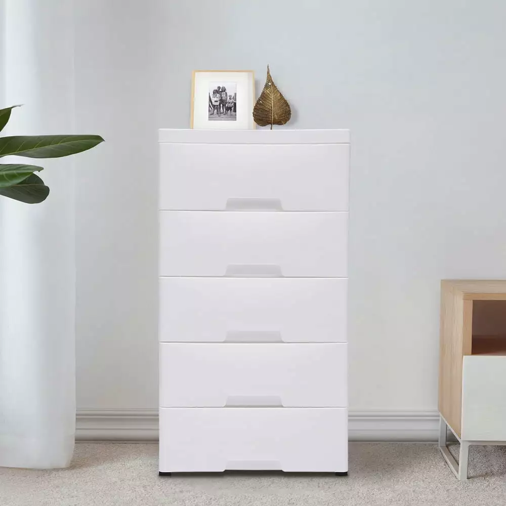 Chest 5 Drawers Plastic Stackable Drawer Tower Dresser Clothes Storage White BloomVivid