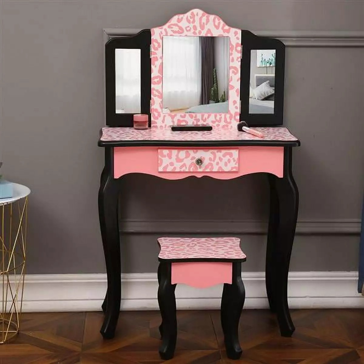Bornmio Three-Fold Mirror Single Drawer Arc Feet Children Dresser Red Leopard Print