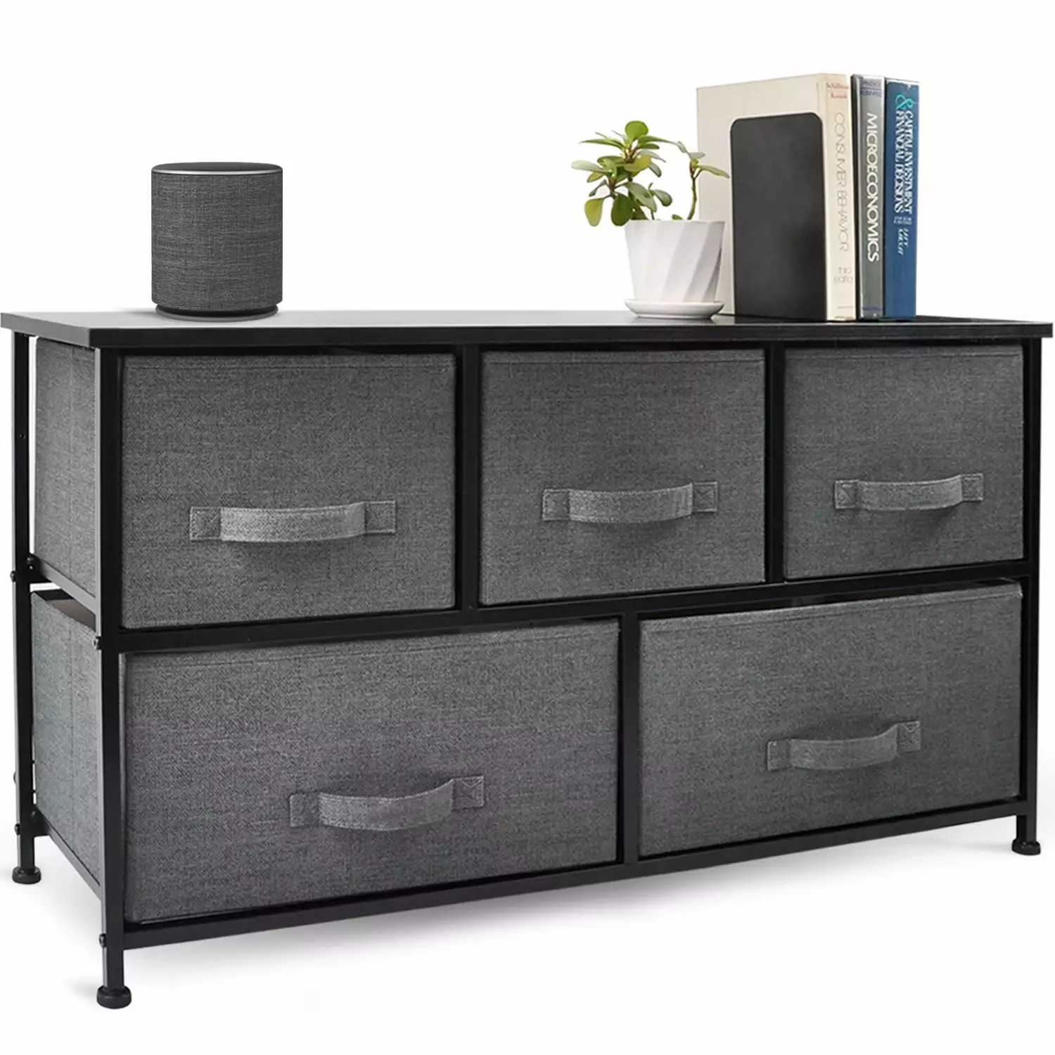 CERBIOR 5-Drawer Wide Dresser Storage Arranger Charcoal Steel Frame Wood Top Fabric Bins