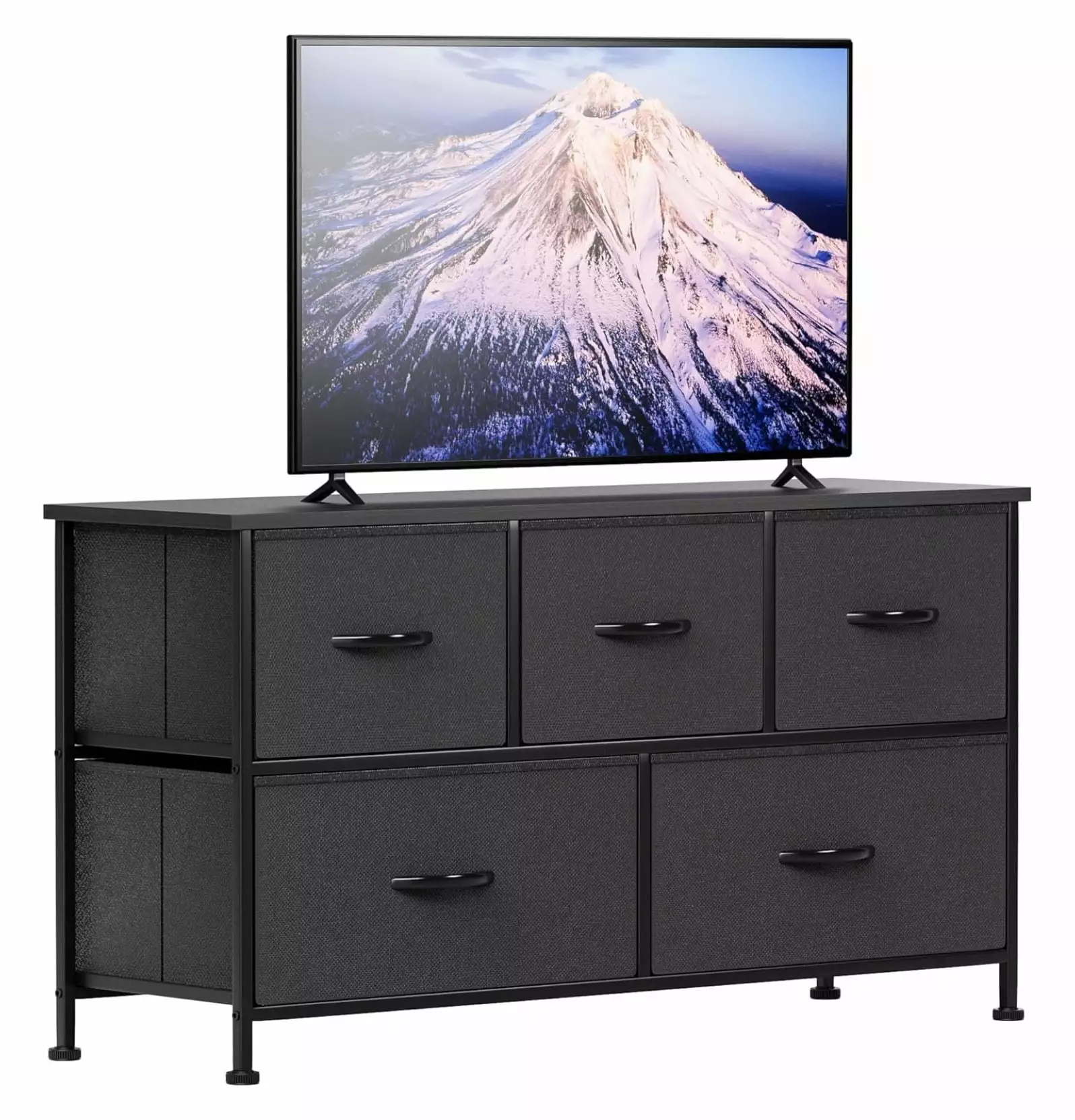 Chen xin Fabric Dresser TV Stand Bedroom 5 Drawers Wide Chest Storage Unit Black