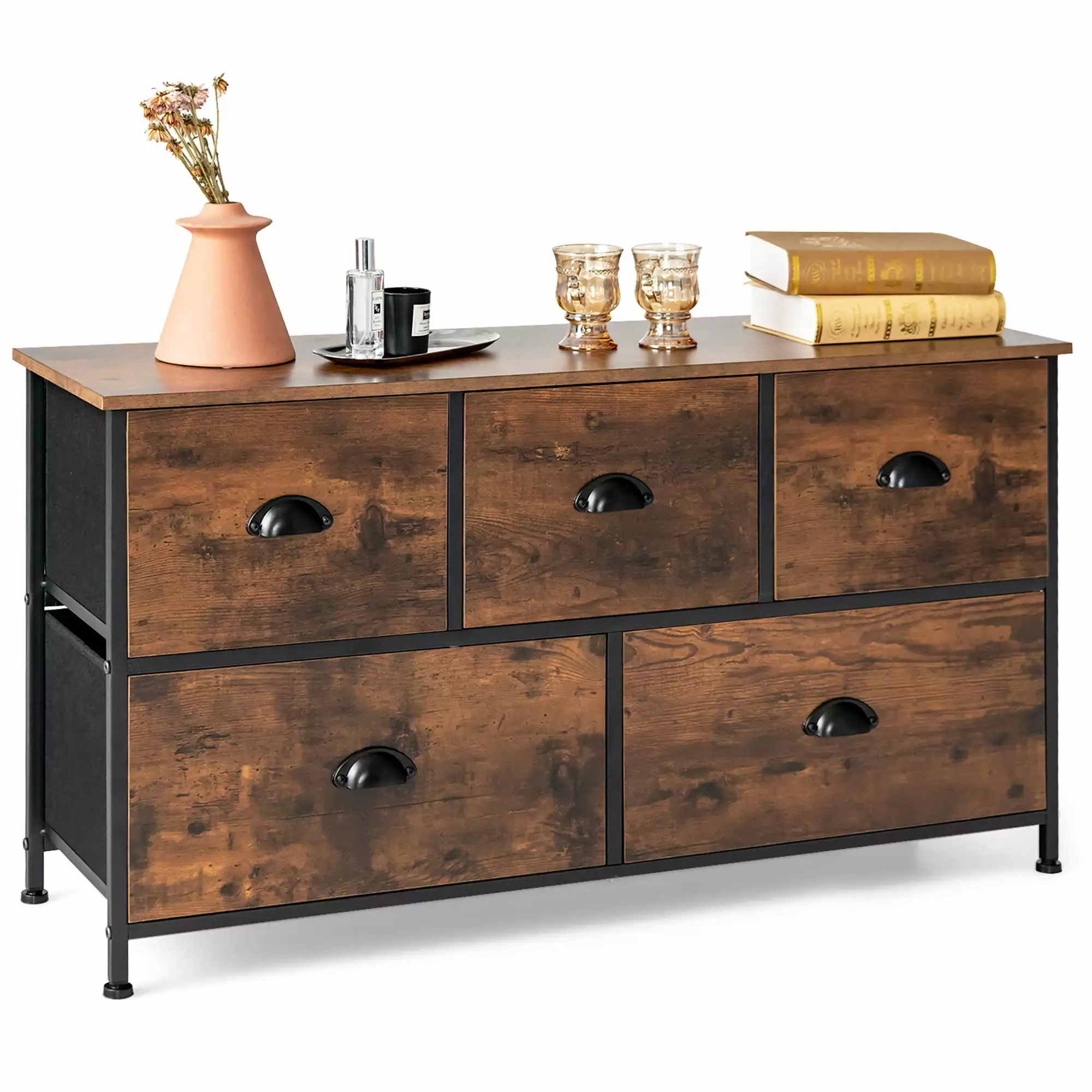 Costway 5-Drawer Dresser Fabric Storage Tower Wooden Top Rustic Brown Chest Organizer