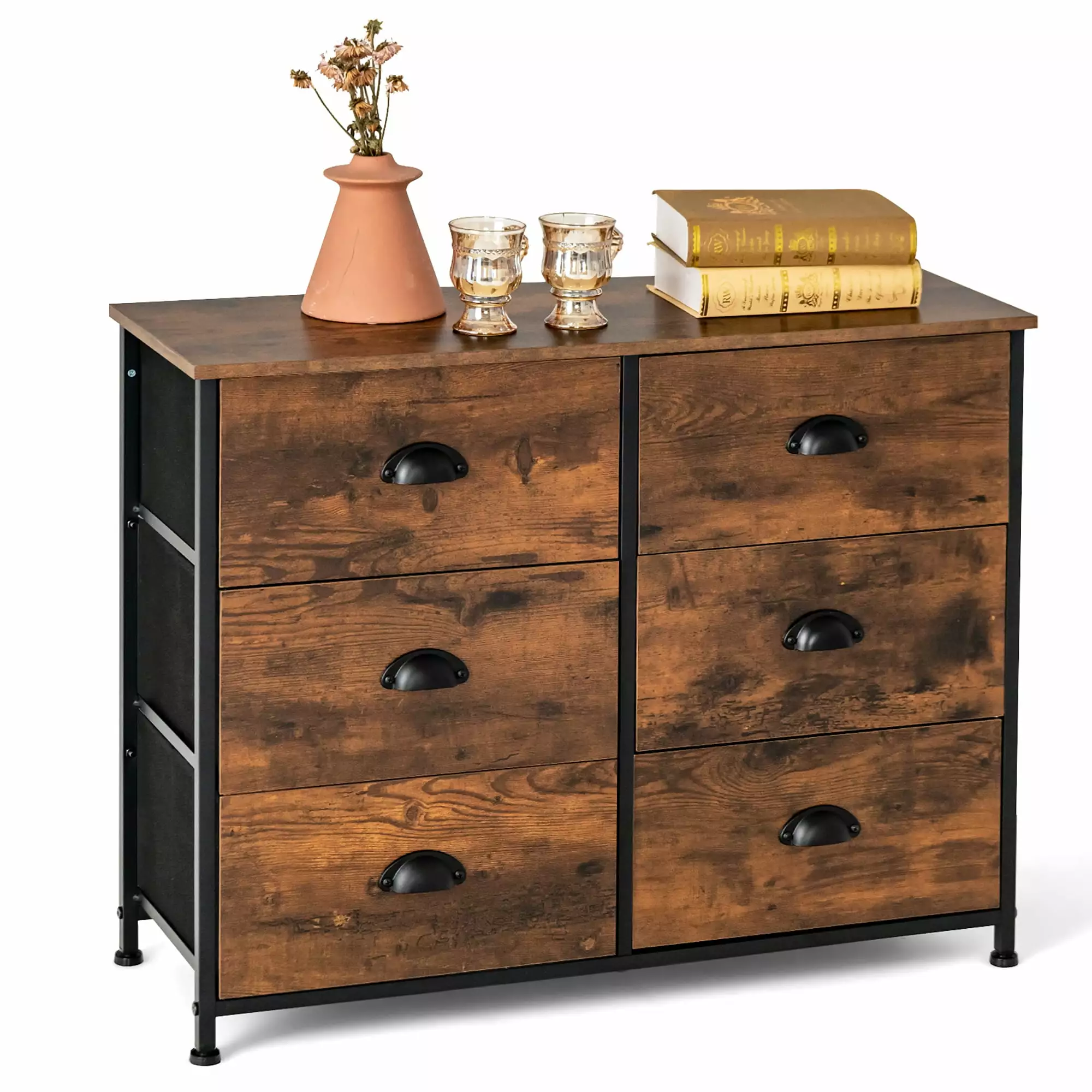 Costway 6 Drawer Dresser Fabric Storage Tower Wooden Top - Chest Arranger Rustic Brown