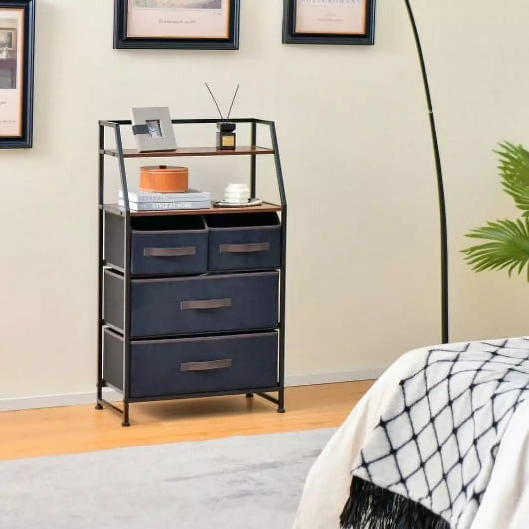 4-Drawer Free Standing Storage Dresser 2 Open Shelves Rustic Brown CostwayINC