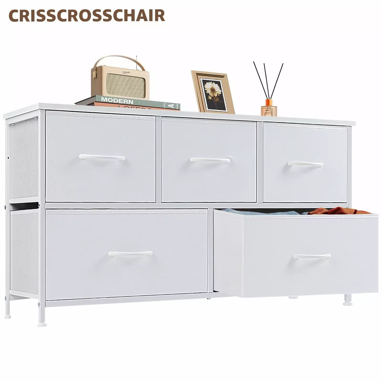 CRISSCROSSCHAIR Dresser Bedroom 5 Fabric Drawers Steel Frame Wood Top White