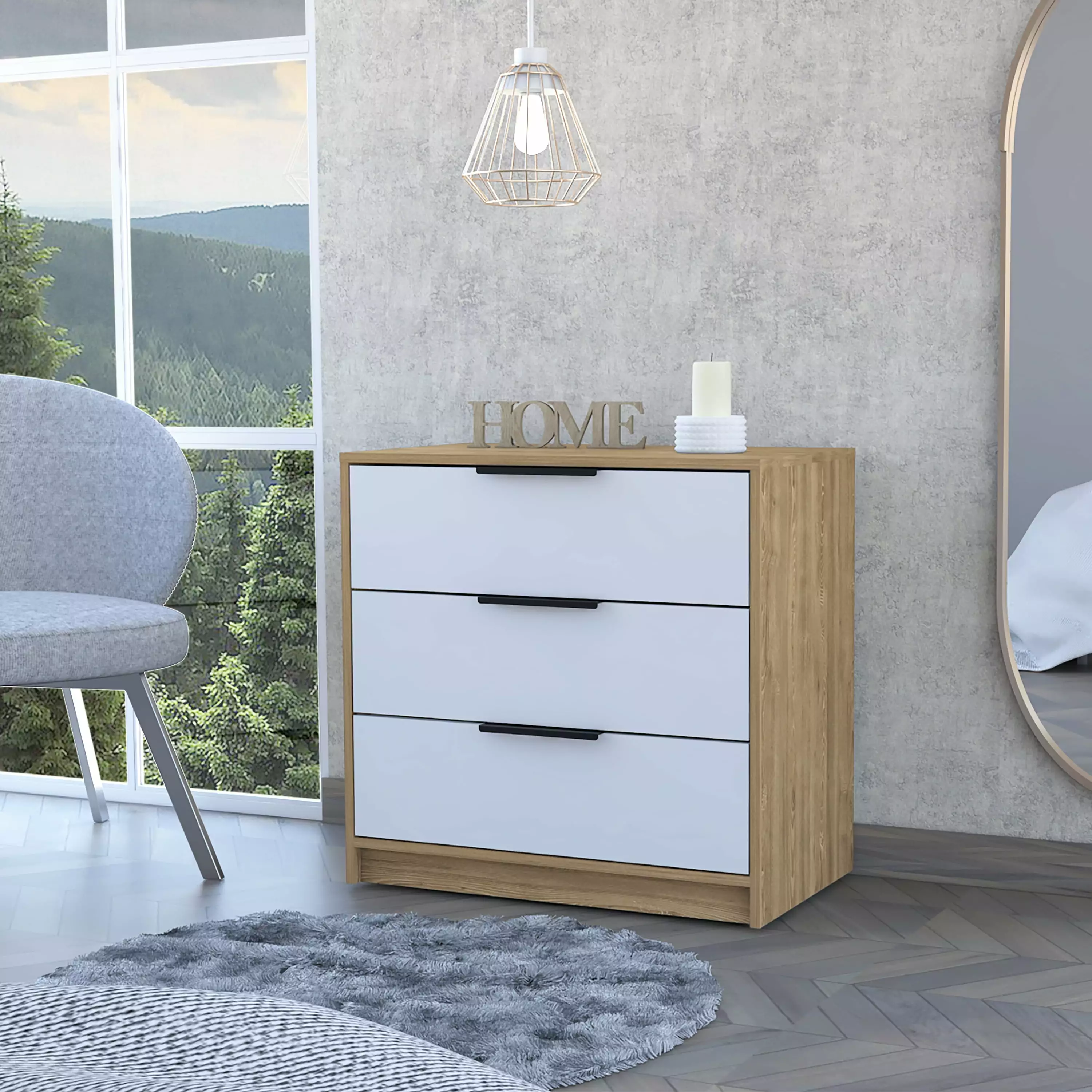 DeeHome Cannon 3-Drawer Dresser White and Light Oak Modern Bedroom