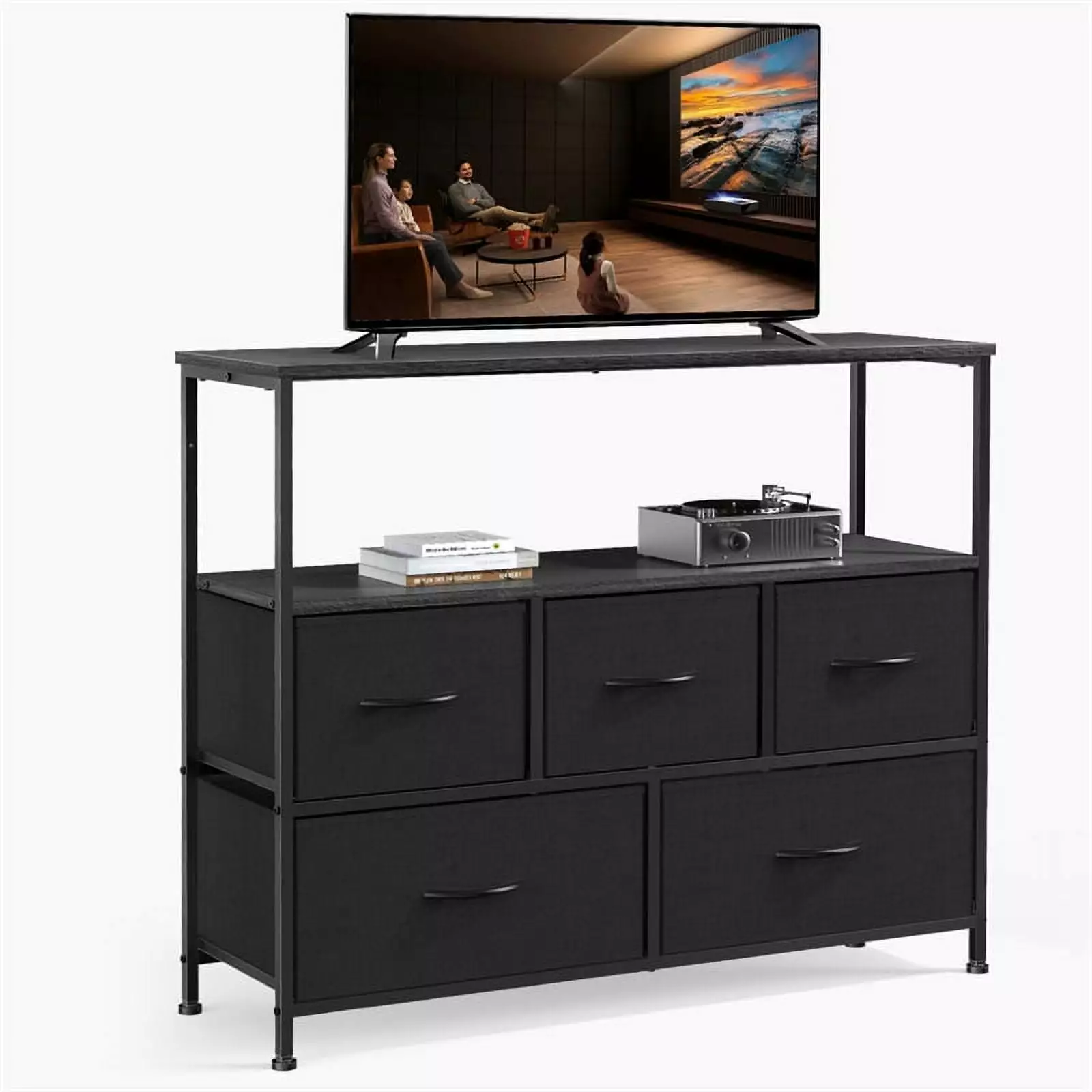 Black 5-Drawer Fabric Dresser Metal Frame Bedroom Storage Direct Wicker