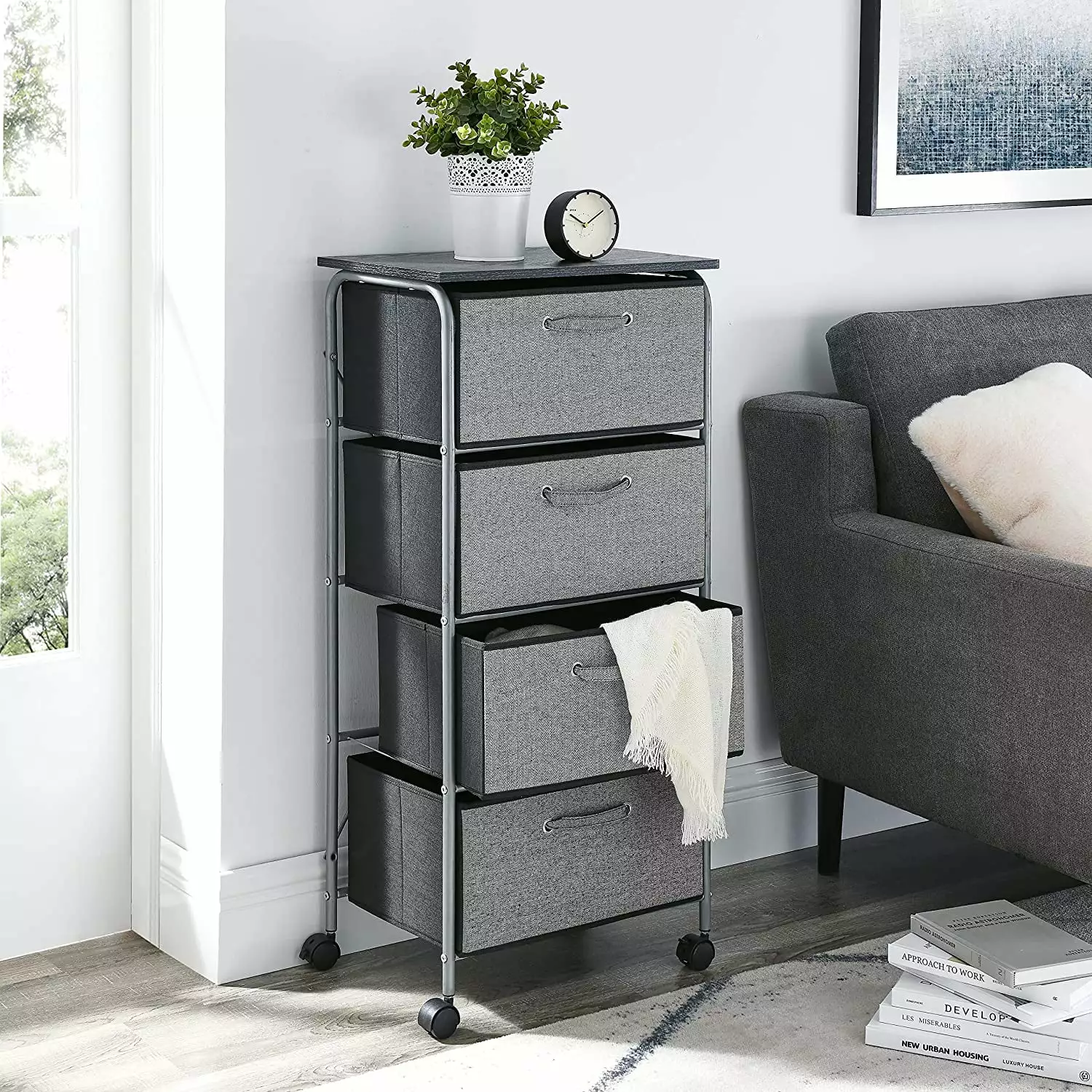 Fabric Dresser Bedroom Organizer Unit 4 Easy-Pull Fabric Bins Chest Drawers Closet Living Room DONFU