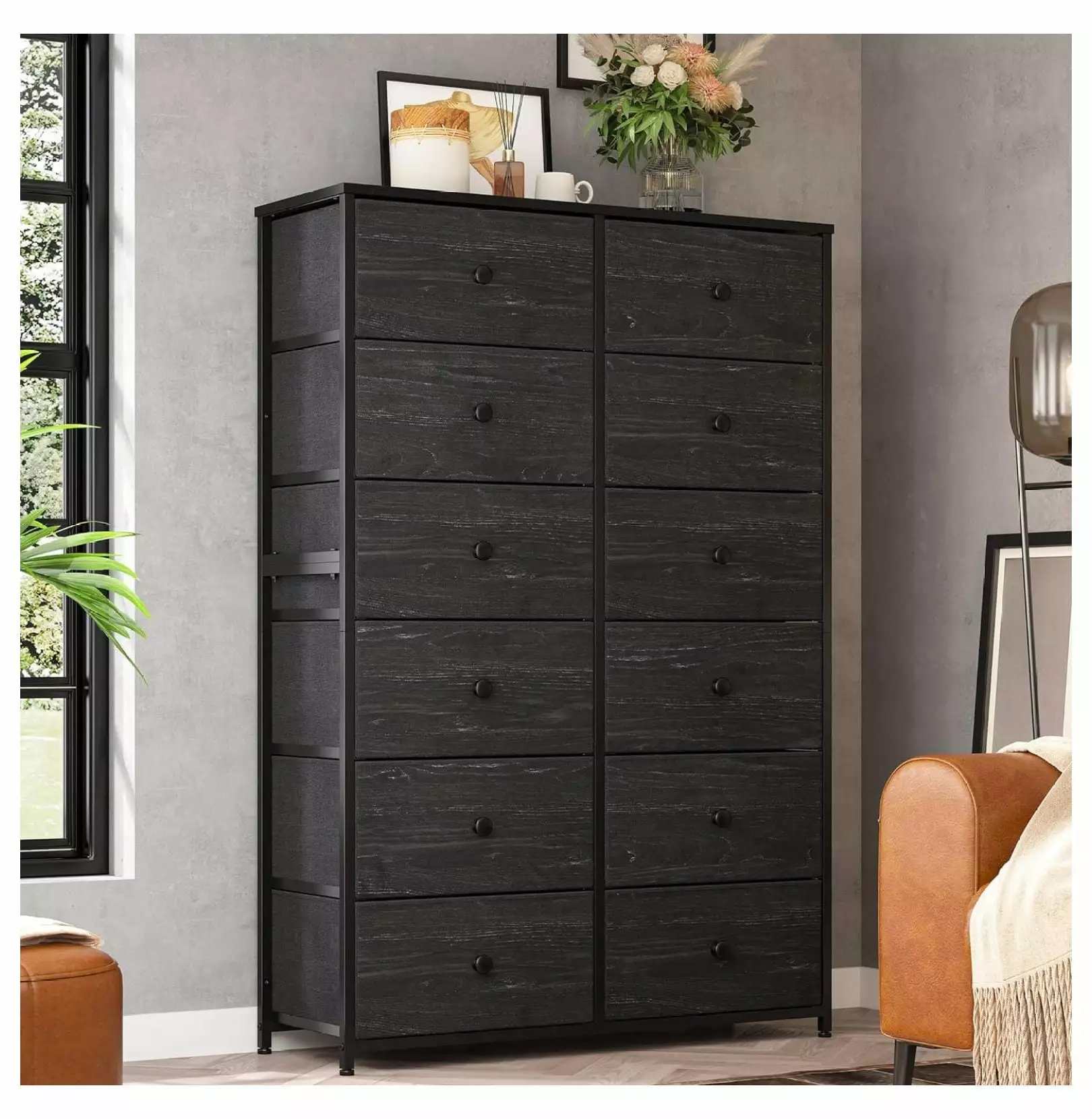 Drevy Tall Dresser Bedroom 12 Drawers Wooden Top and Metal Frame Black Wood Veins