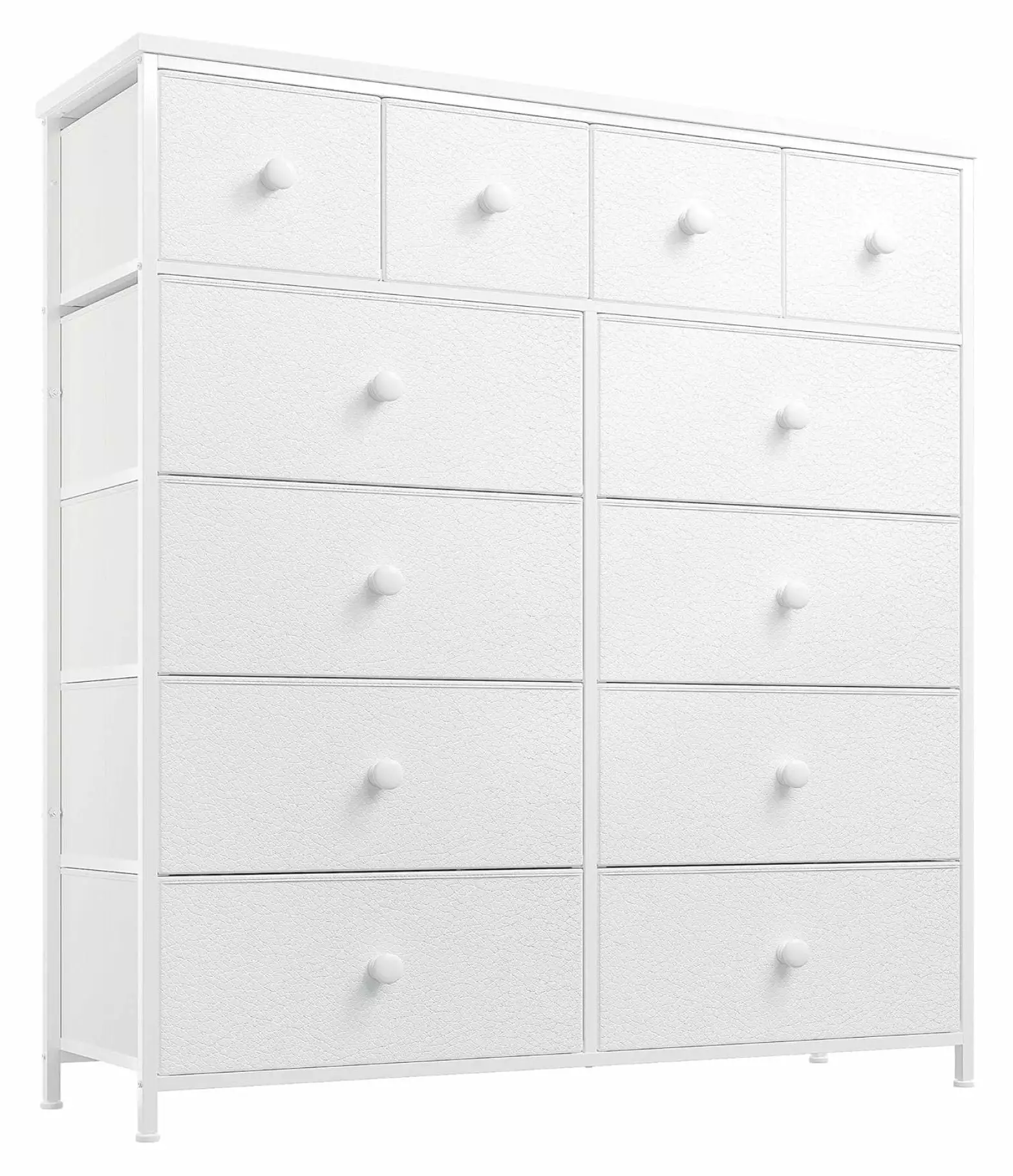 Drevy White 12-Drawer Tall Dresser Wooden Top and Metal Frame Bedroom, Closet, and Nursery