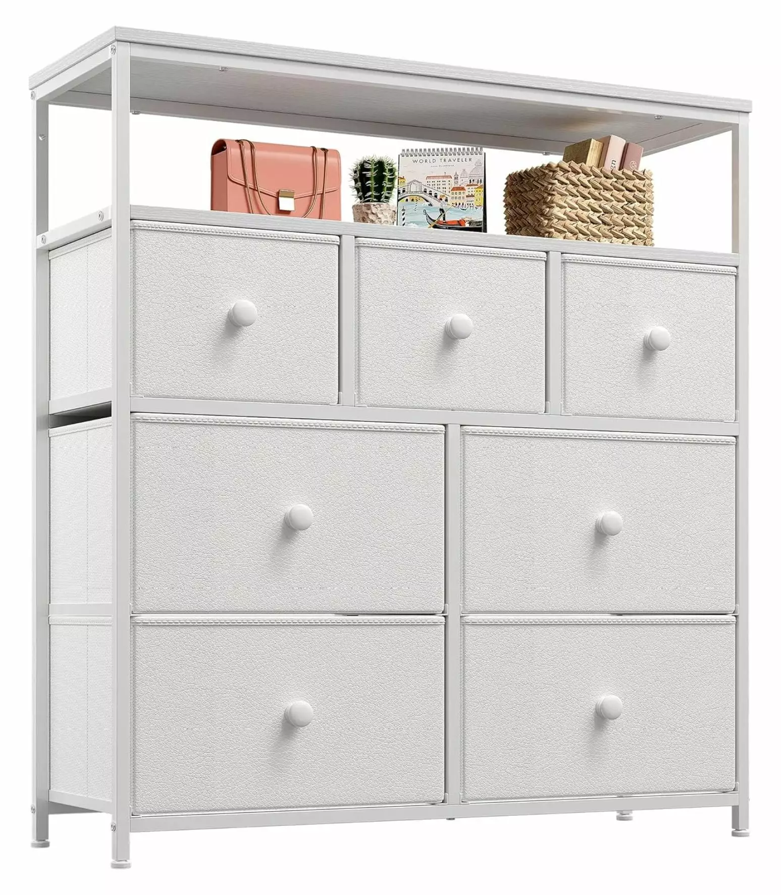 Drevy White Dresser Bedroom 7 Drawers and 2 Shelves Wooden Top Metal Frame