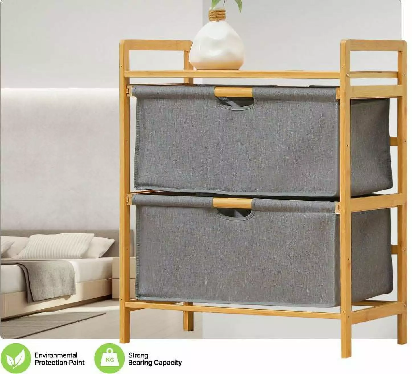 2-Tier Bamboo Frame Fabric Drawer Dresser - Clothes Storage Cabinet Emersware