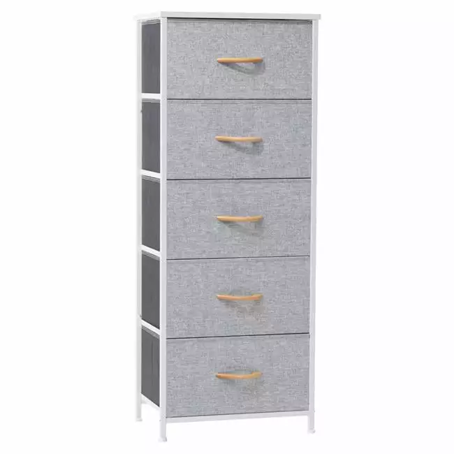 18 Inch Steel Fabric Five Drawer Chest Gray and White Modern Bedroom Fancy Fixtures
