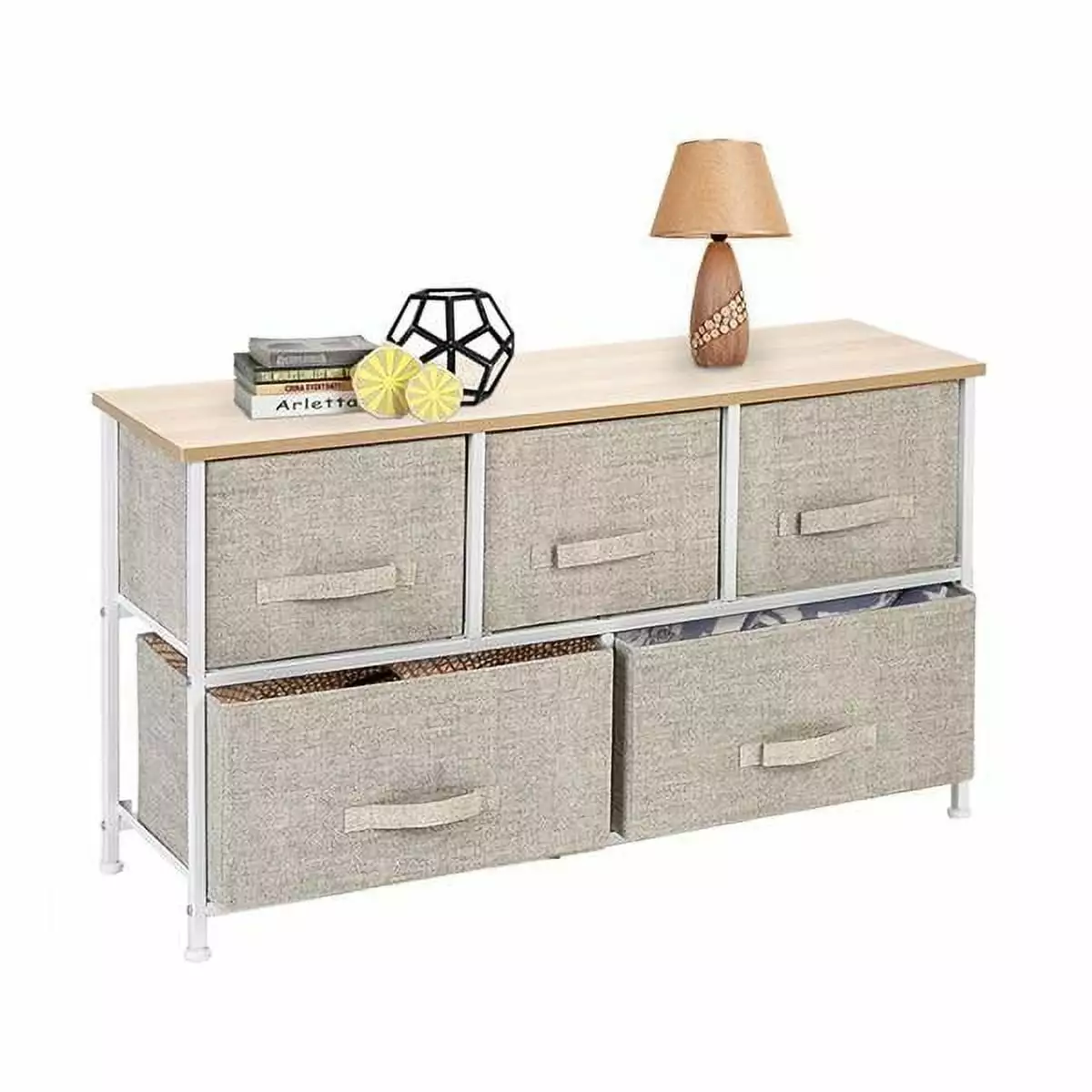 Fithood 2-Tier Wide Closet Dresser - Nursery Dresser Tower 5 Easy Pull Fabric Drawers and Metal Frame