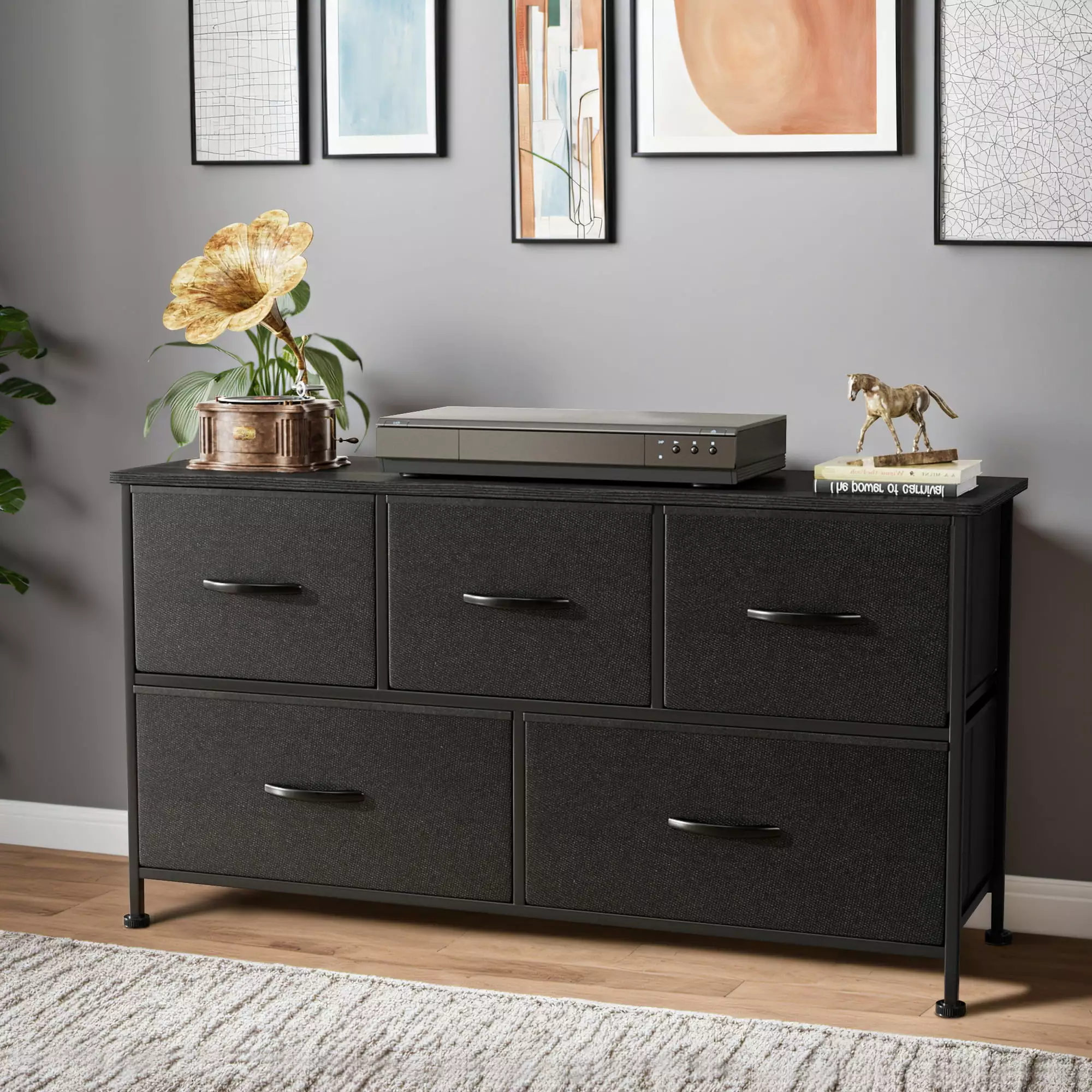 Furmax 5-Drawer Fabric Dresser Bedroom Large Tall Chest Drawers Wood Top Metal Frame Black