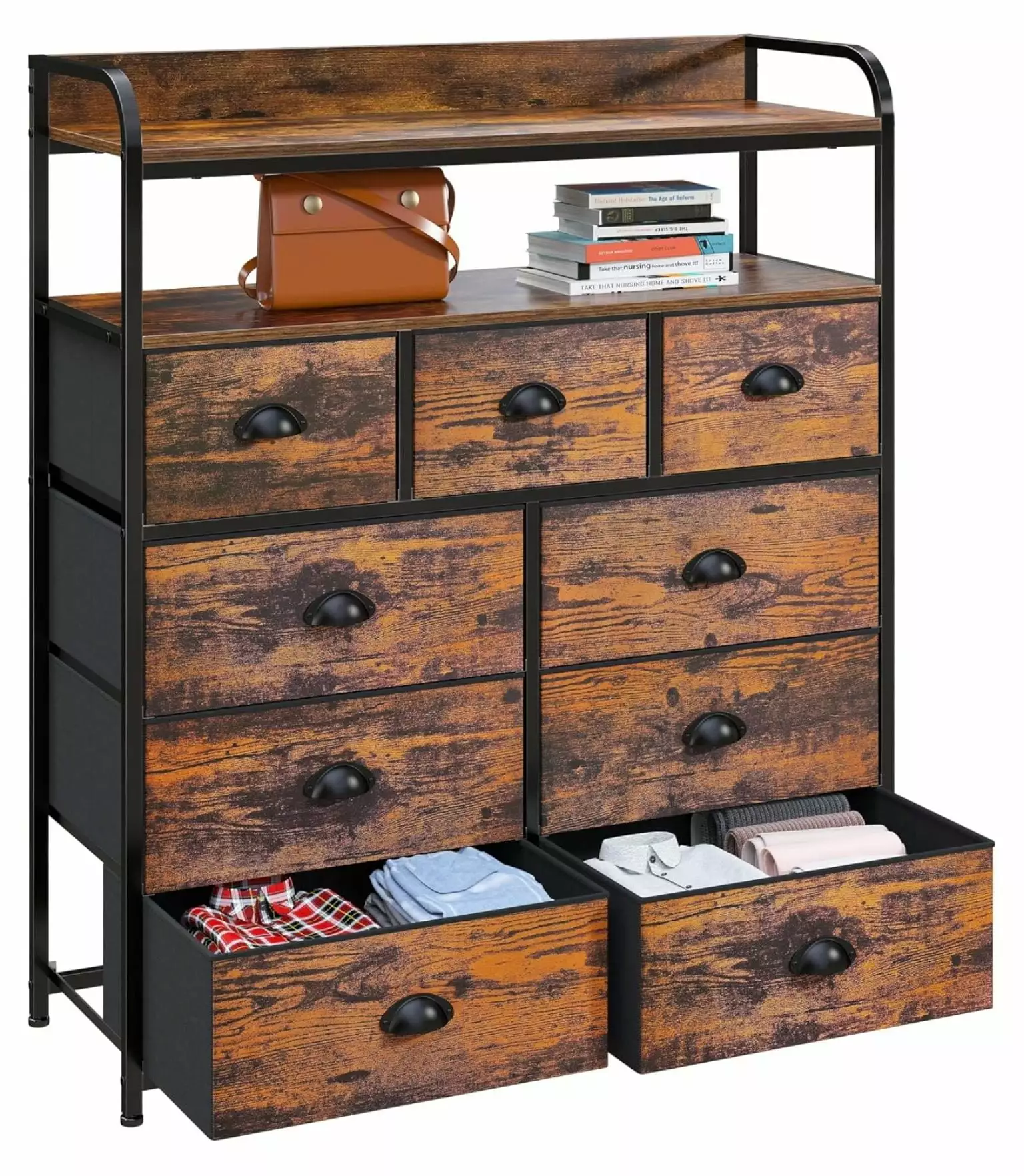 GolySw 9 Drawer Tall Dresser Bedroom Chest Drawers Wood Top Fabric Dresser Closet Living Room Entryway