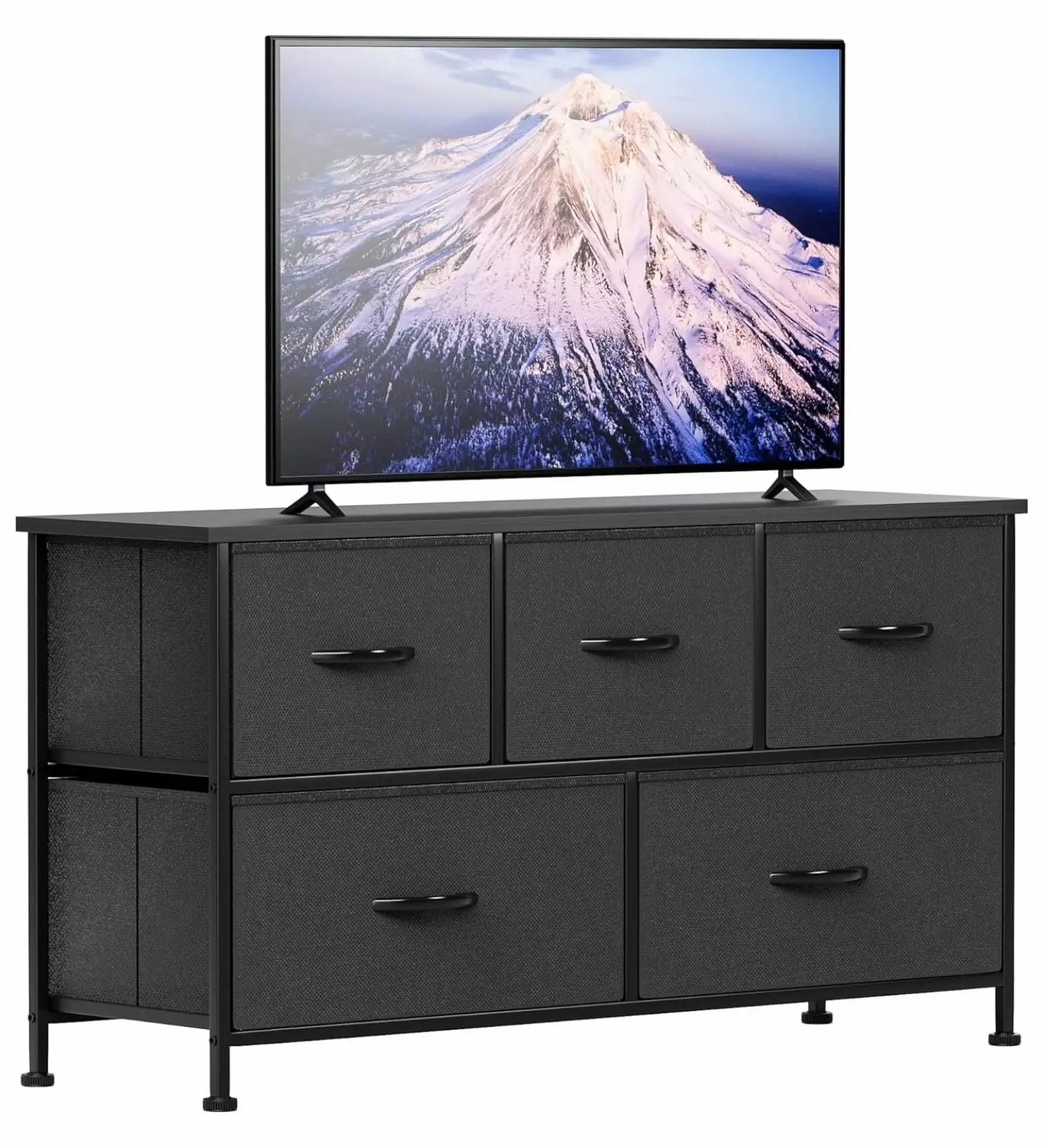 GolySw Fabric Dresser TV Stand Bedroom 5 Drawers Wide Chest Storage Unit Black