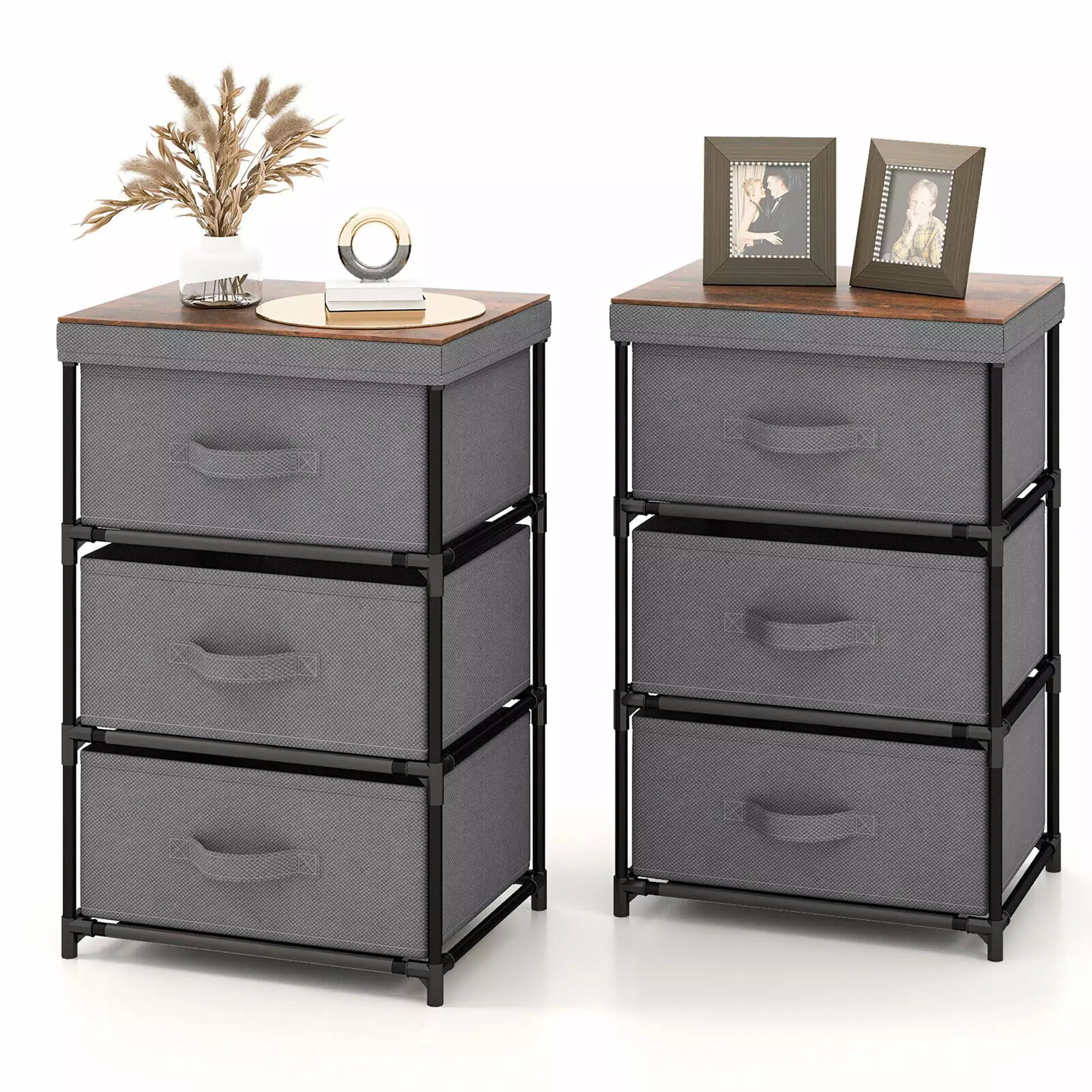 Gymax 2PCS 3 Drawers Fabric Dresser Storage Tower Wooden Top Bedroom Closet Nursery