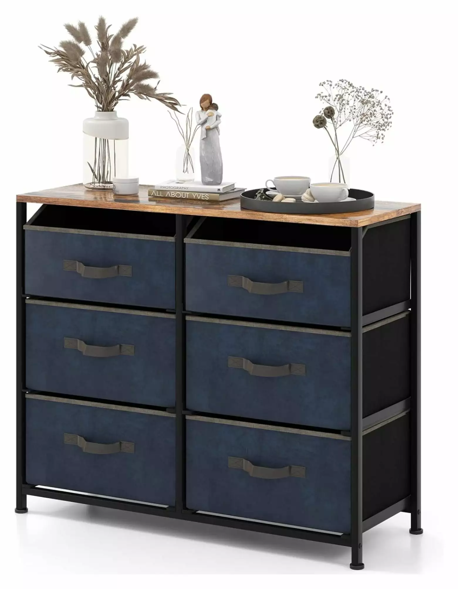 HeSLehs 6 Drawer Dresser Bedroom Removable Foldable Drawers and Metal Frame