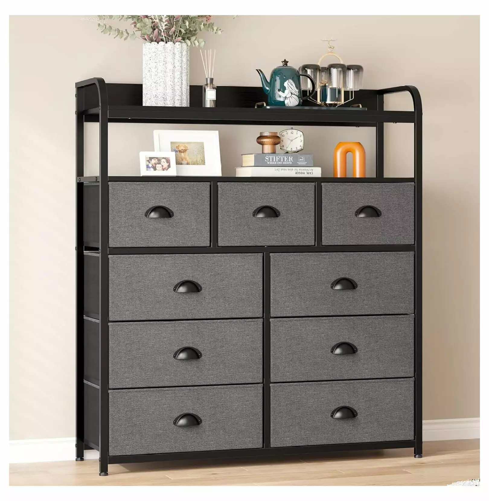HeSLehs 9 Drawer Tall Fabric Dresser Bedroom Chest Drawers Wood Top Nursery Living Room Entryway