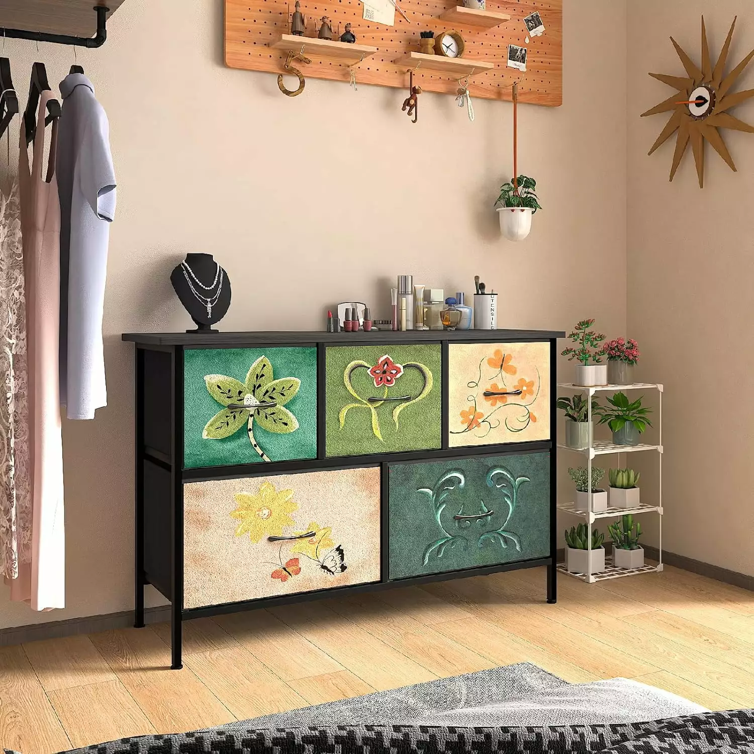 Vintage Fabric Dresser Bedroom Steel Frame Wood Top 5 Drawer Storage Tower Boho Furniture jq02