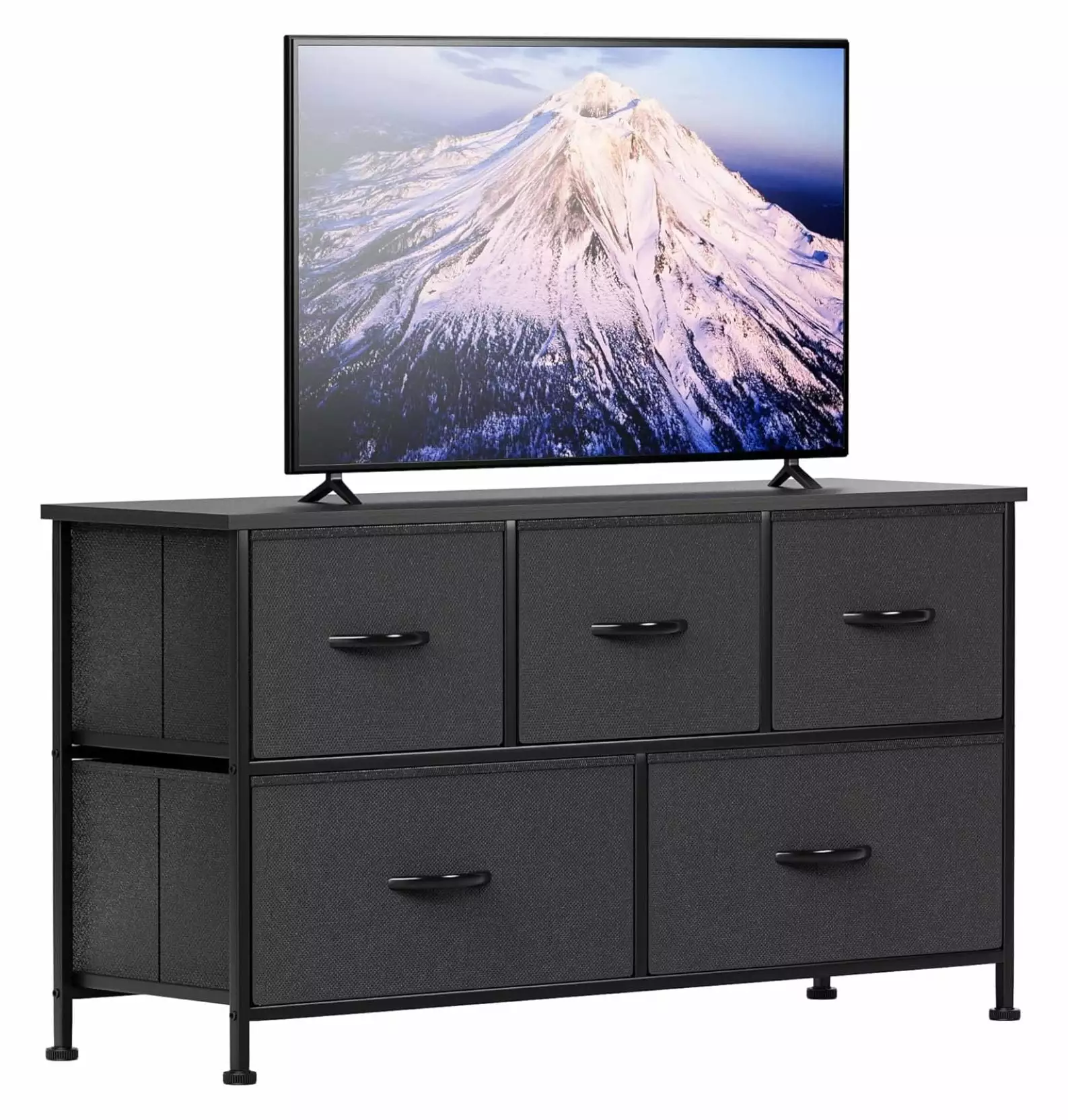 KioJJp Fabric Dresser TV Stand Bedroom 5 Drawers Wide Chest Storage Unit Black
