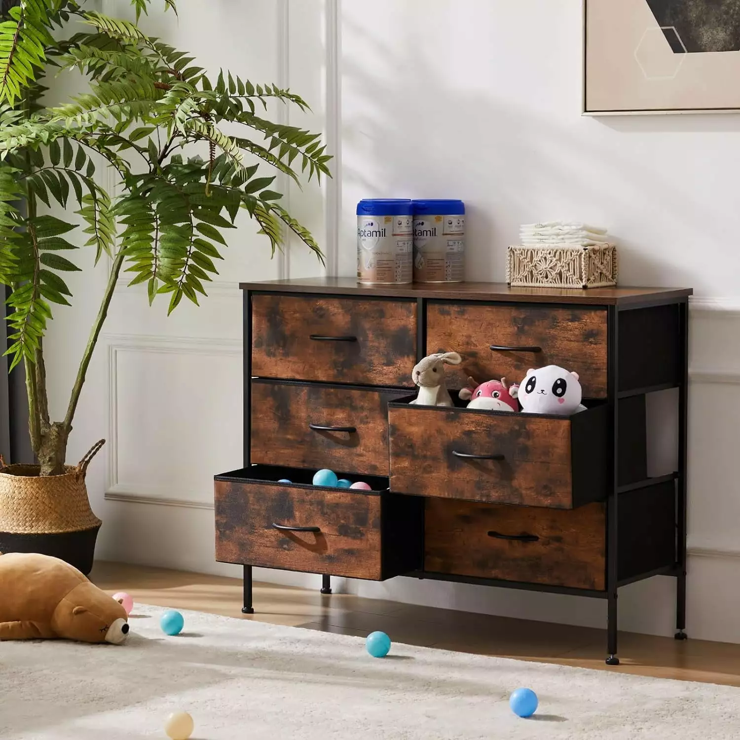 KPUY 6 Drawer Dresser Wide Chest Drawers Fabric Dresser Wood Top Brown