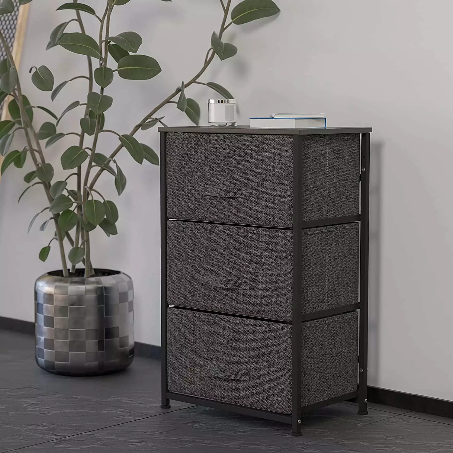 3 Drawer Vertical Storage Dresser Black Wood Top Gray Fabric Pull Drawers LIMAI