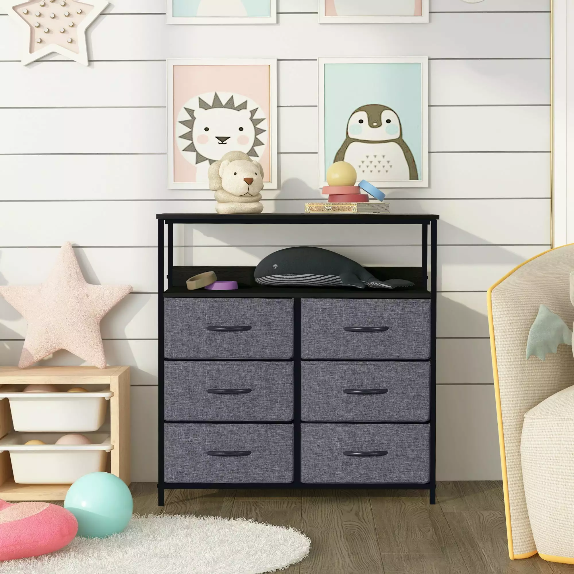 6-Drawer Fabric Dresser Bedroom Kids Chest Drawers Gray Finish Storage Organizer LYNCOHOME