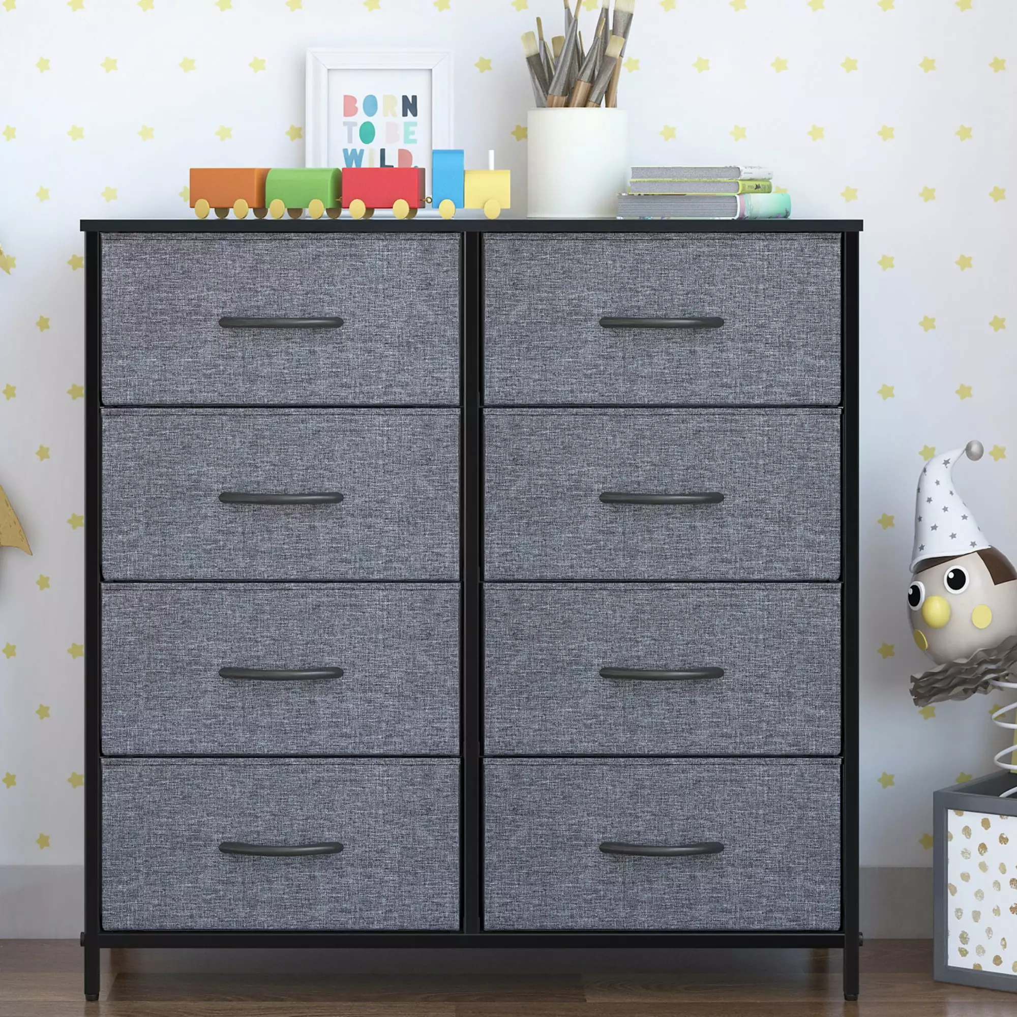 8-Drawer Fabric Dresser Kids Bedroom Gray Chest Drawers Storage Organizer LYNCOHOME