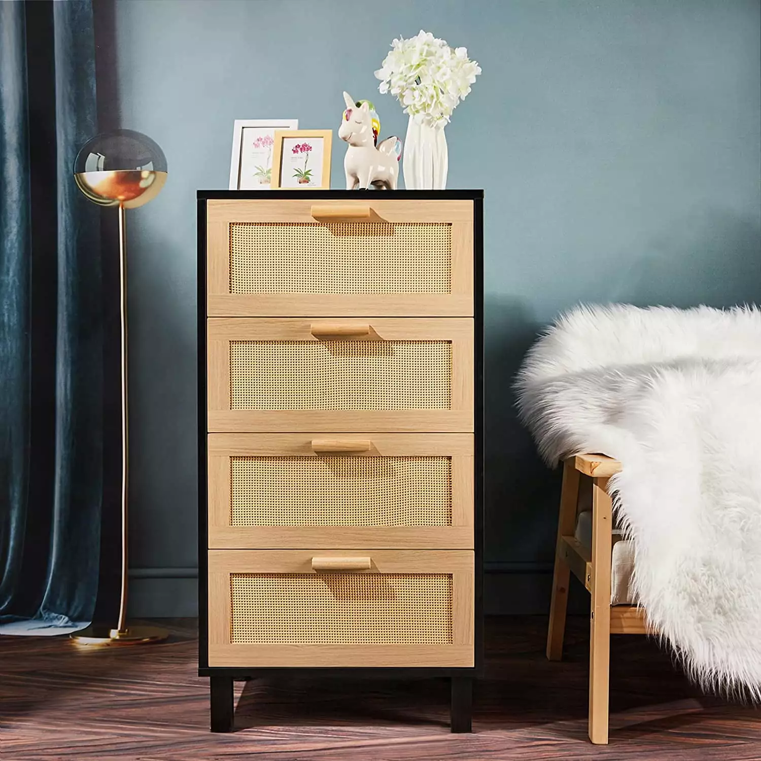 4 Drawer Dresser Bedroom Tall Bedside Storage Dresser Rattan Chest Drawers Black Oak LYZ