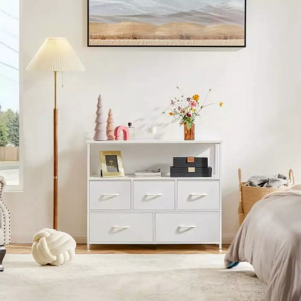 5-Drawer Closet Fabric Dresser Metal Frame and Wood Top Living Room Bedroom Malulu