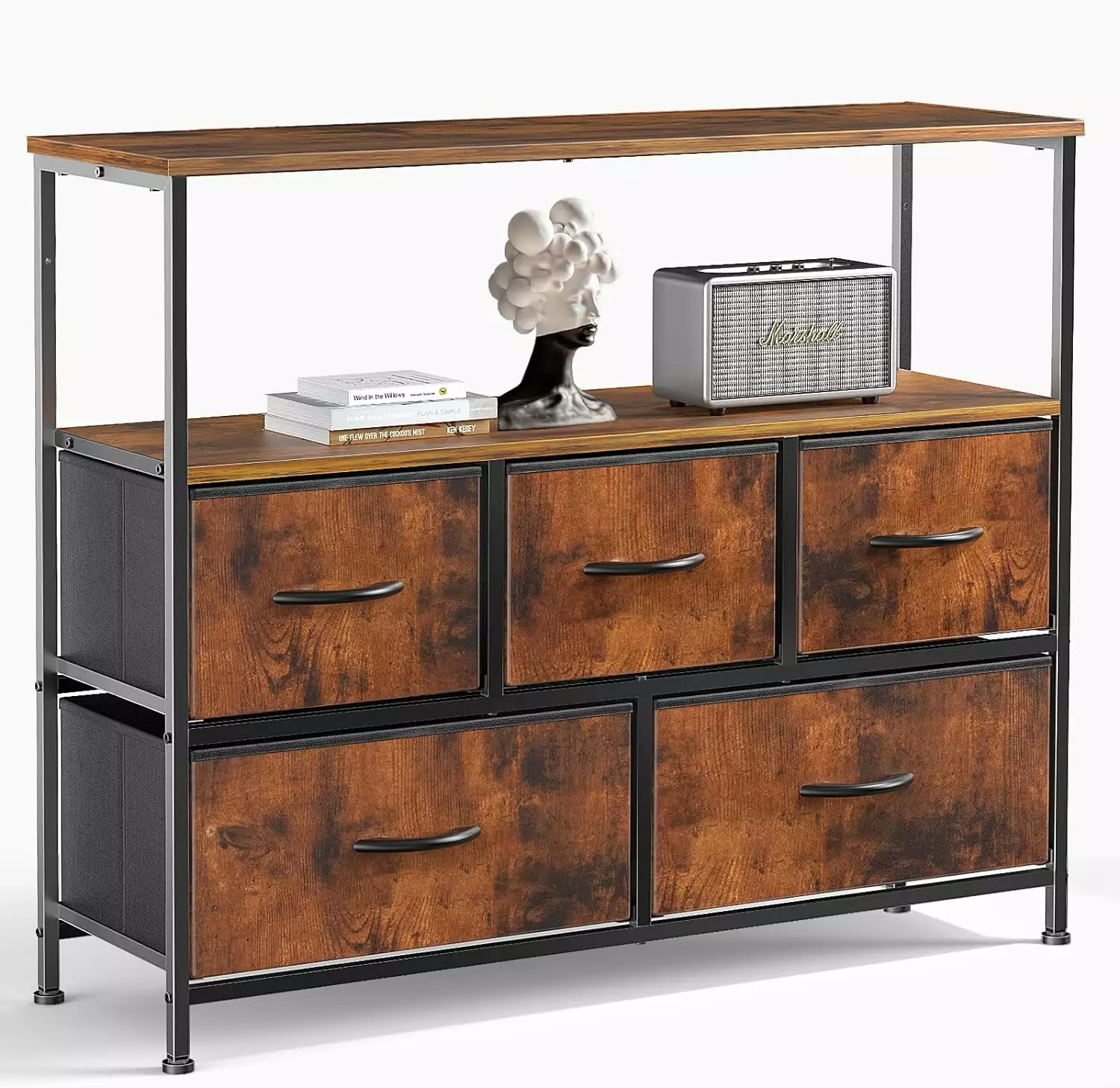 5-Drawer Dresser Bedroom TV Stand - Rustic Brown Wood and Fabric Dresser Metal Frame - Living Room, Entryway Storage Maylaviu