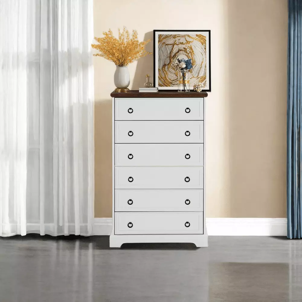 White Tall Skinny Dresser Bedroom 6 Drawer Dresser Round Metal Handles Farmhouse Style MIDODO