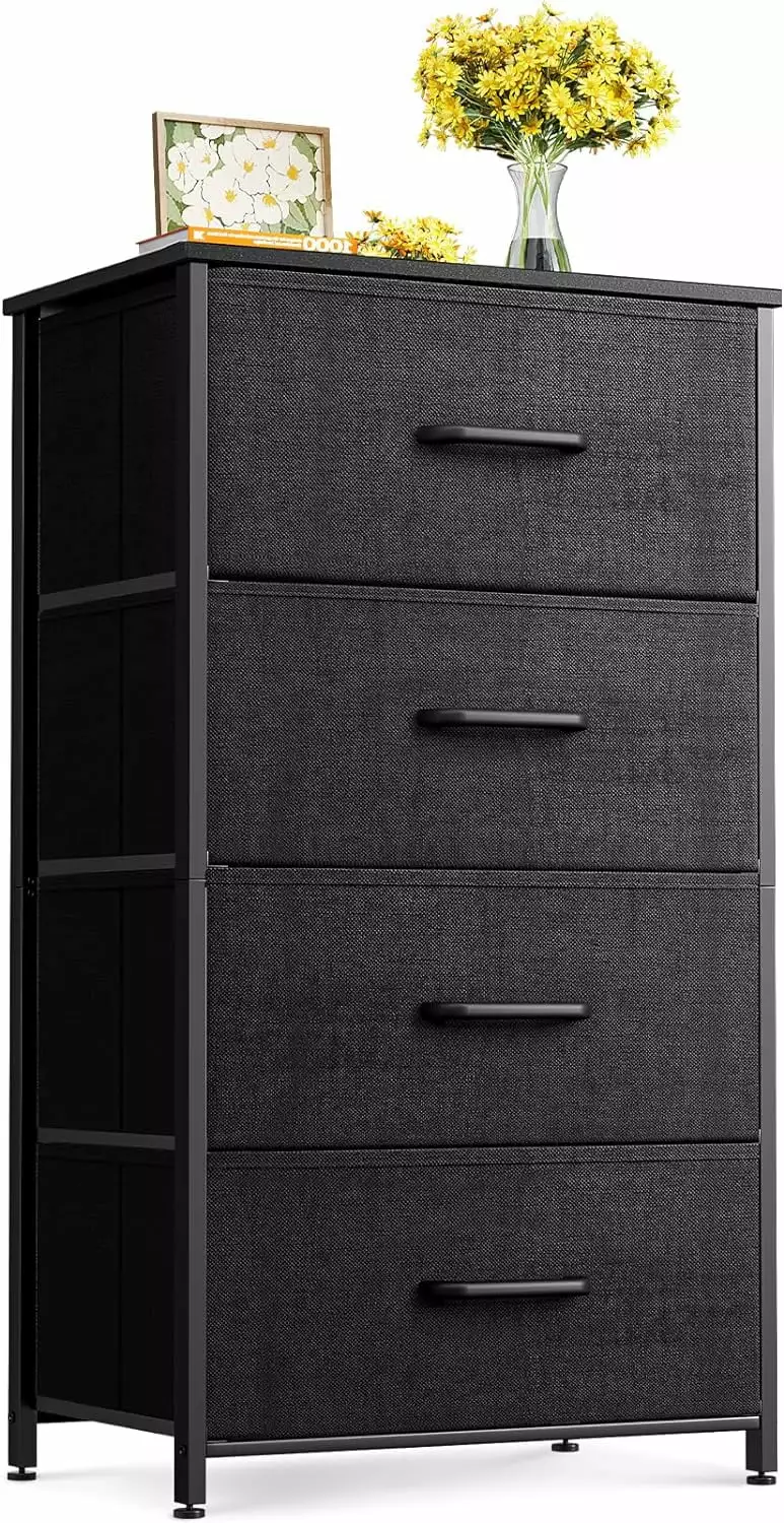 Small Dresser Chest 4 Fabric Drawers and Sturdy Steel Frame Black MM