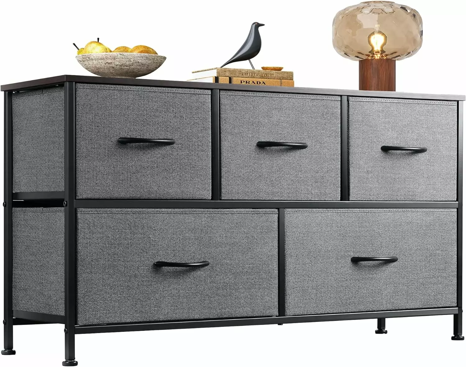 5-Drawer Wide Fabric Dresser Bedroom Closet Living Room Storage Dark Grey NOBRAND