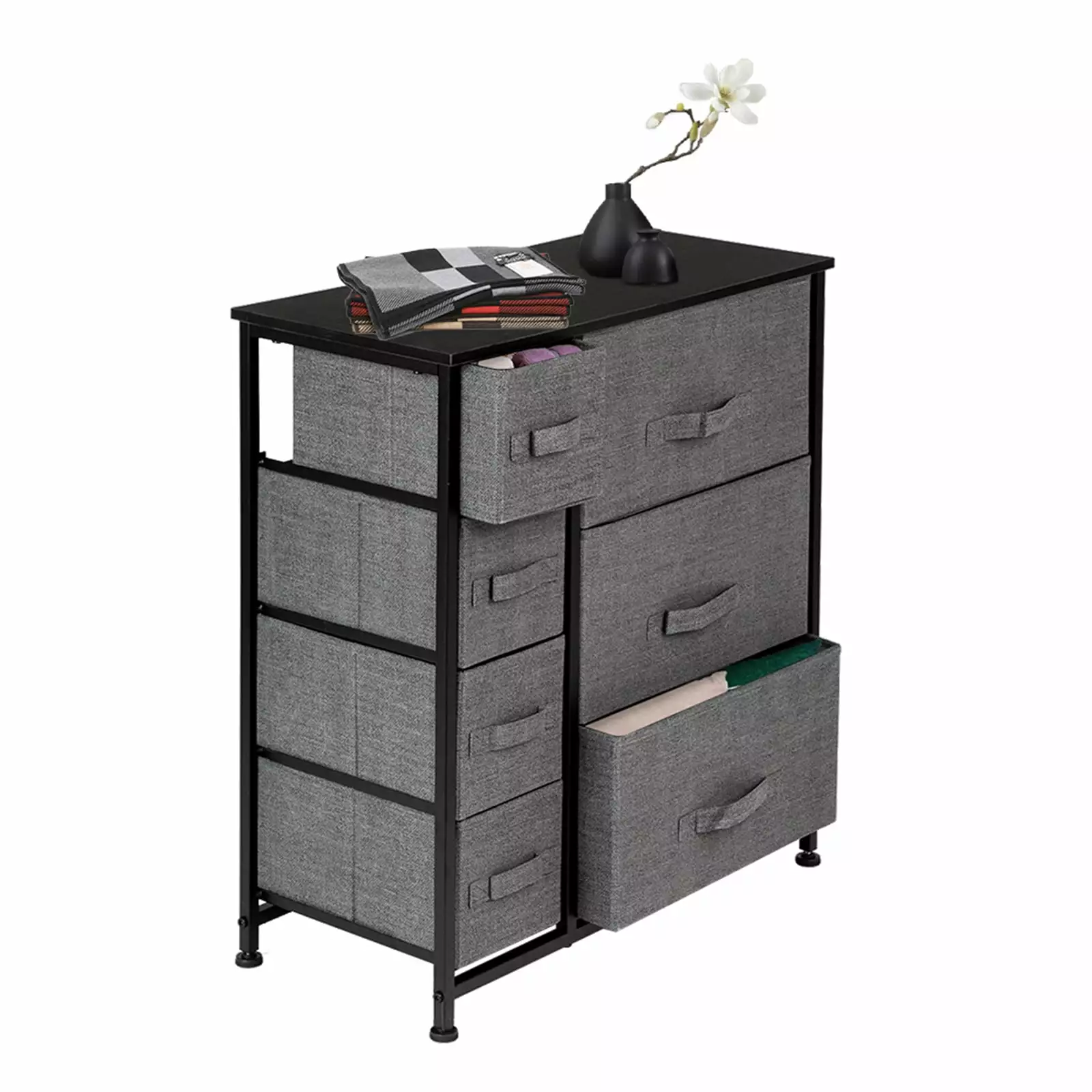 7-Drawer Dresser Storage Tower Unit Grey Steel Frame Wood Top Fabric Bins Bedroom Office PULNDA