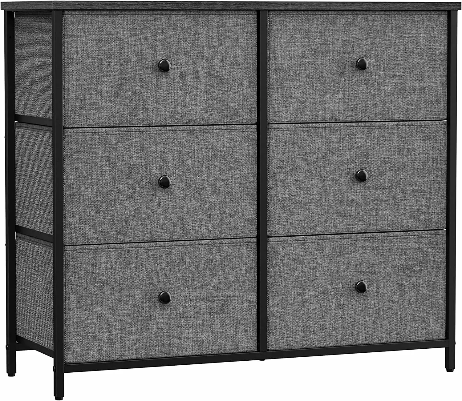 6 Drawer Closet Fabric Dresser Metal Frame and Wood Grain Gray and Black Q&Q