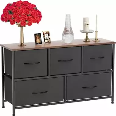 5 Drawer Fabric Dresser Storage Tower Closet Organizer Bedroom Black QRInnovations