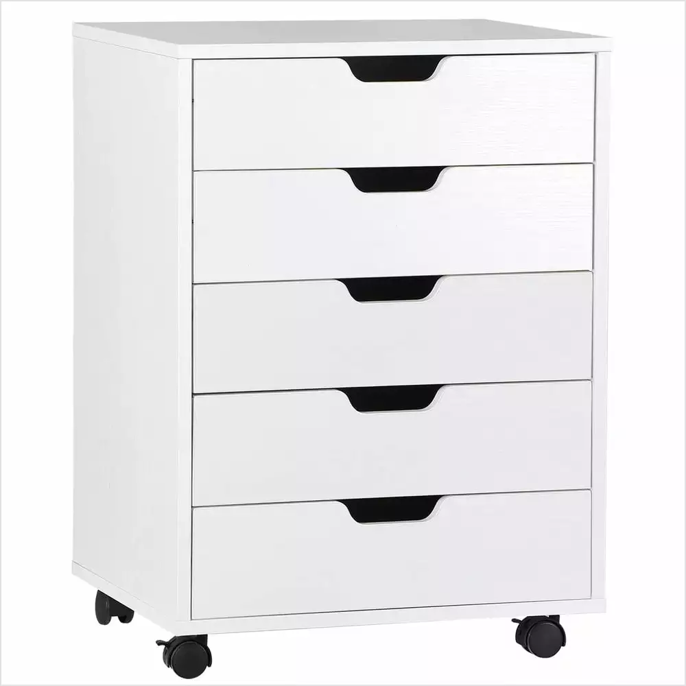 5-Drawer Wooden Dresser Storage File Cabinet Bedroom Wheels White Rerishom